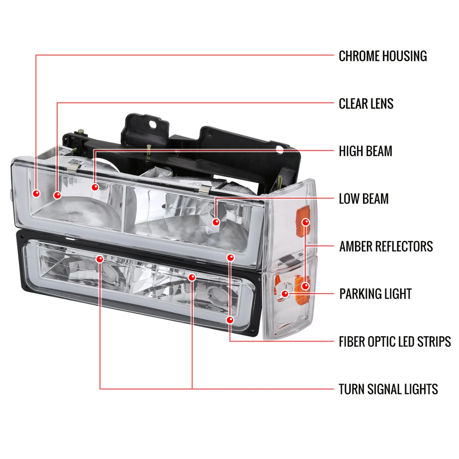1988-1993 Chevy C10 C/K Sierra Tahoe LED Tube Factory Headlights Chrome - Image 9