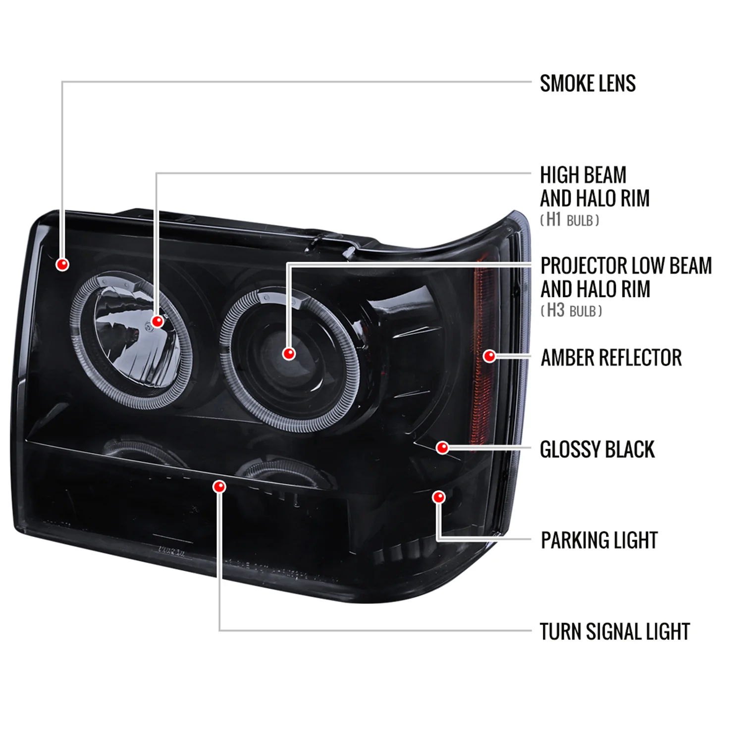1993-1996 Jeep Grand Cherokee Dual Halo Projector Headlights Black/Smoke - Image 8