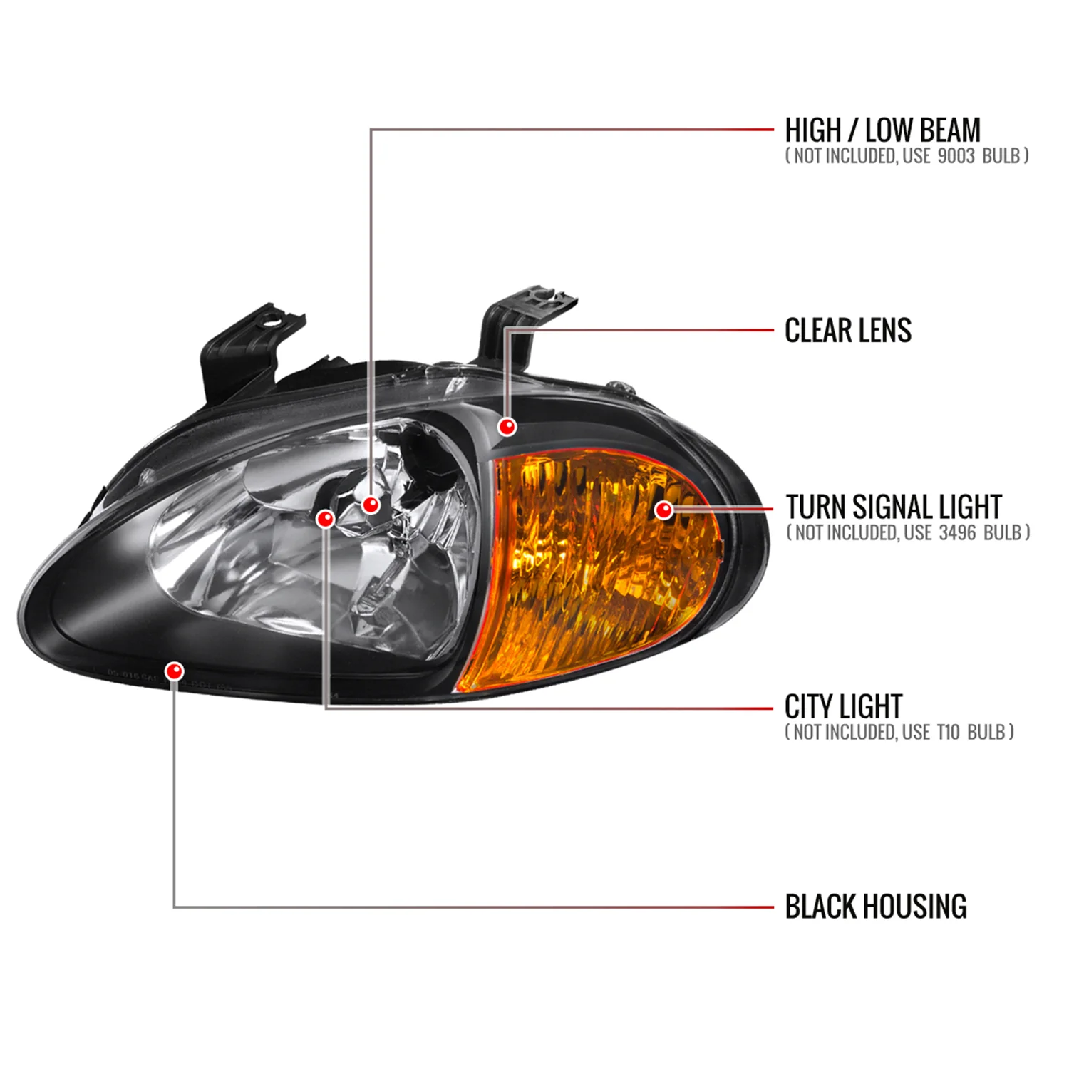 1993-1997 Honda Del Sol Crystal Headlights w/Amber Reflector Matt Black/Clear - Image 8