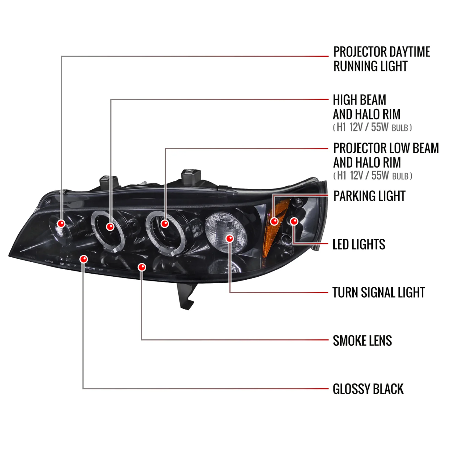 1994-1997 Honda Accord Dual Halo Projector Headlights Glossy Black/Smoke Lens - Image 8