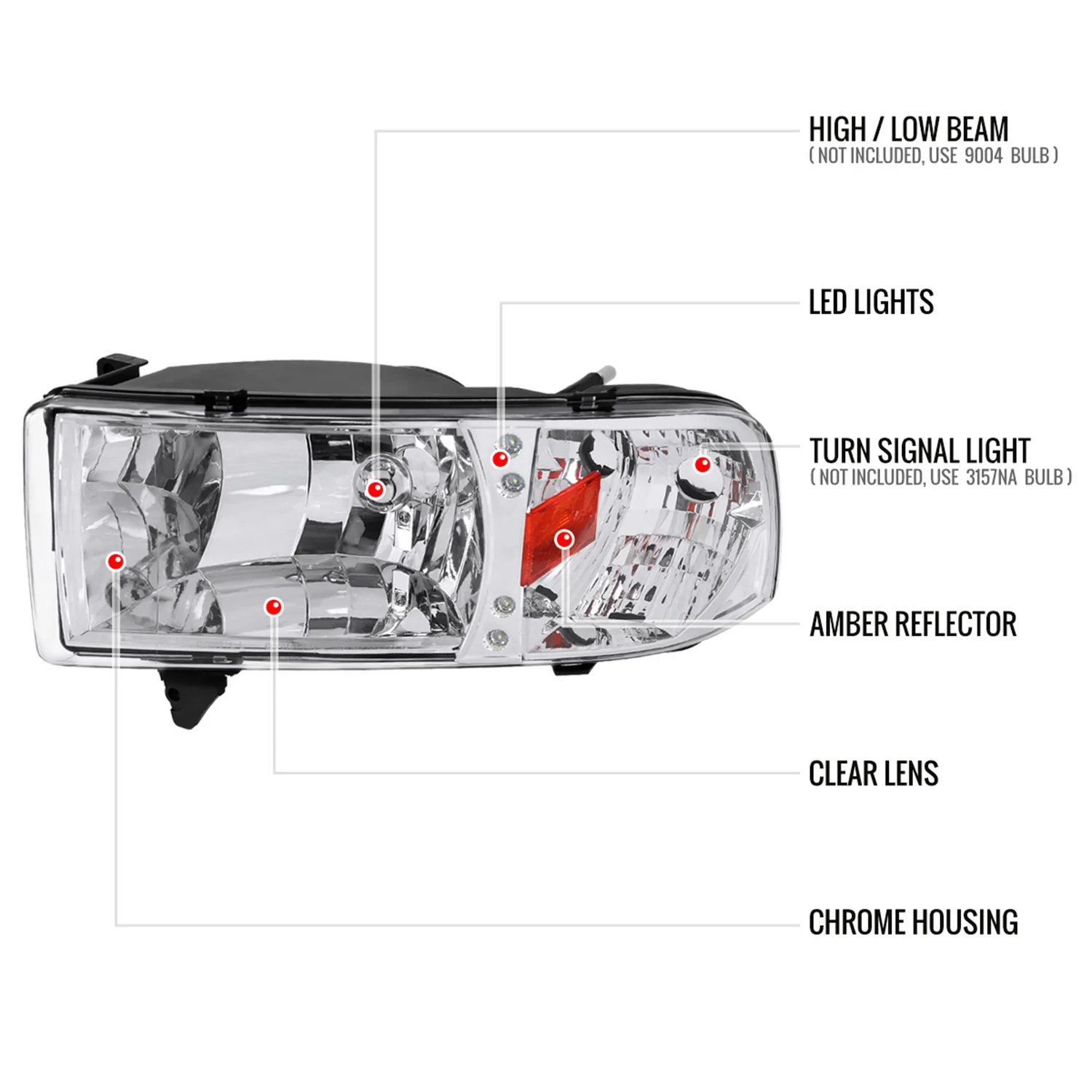 1994-2001 Dodge RAM 1500/ RAM 2500 3500 Crystal Headlights Chrome - Image 9