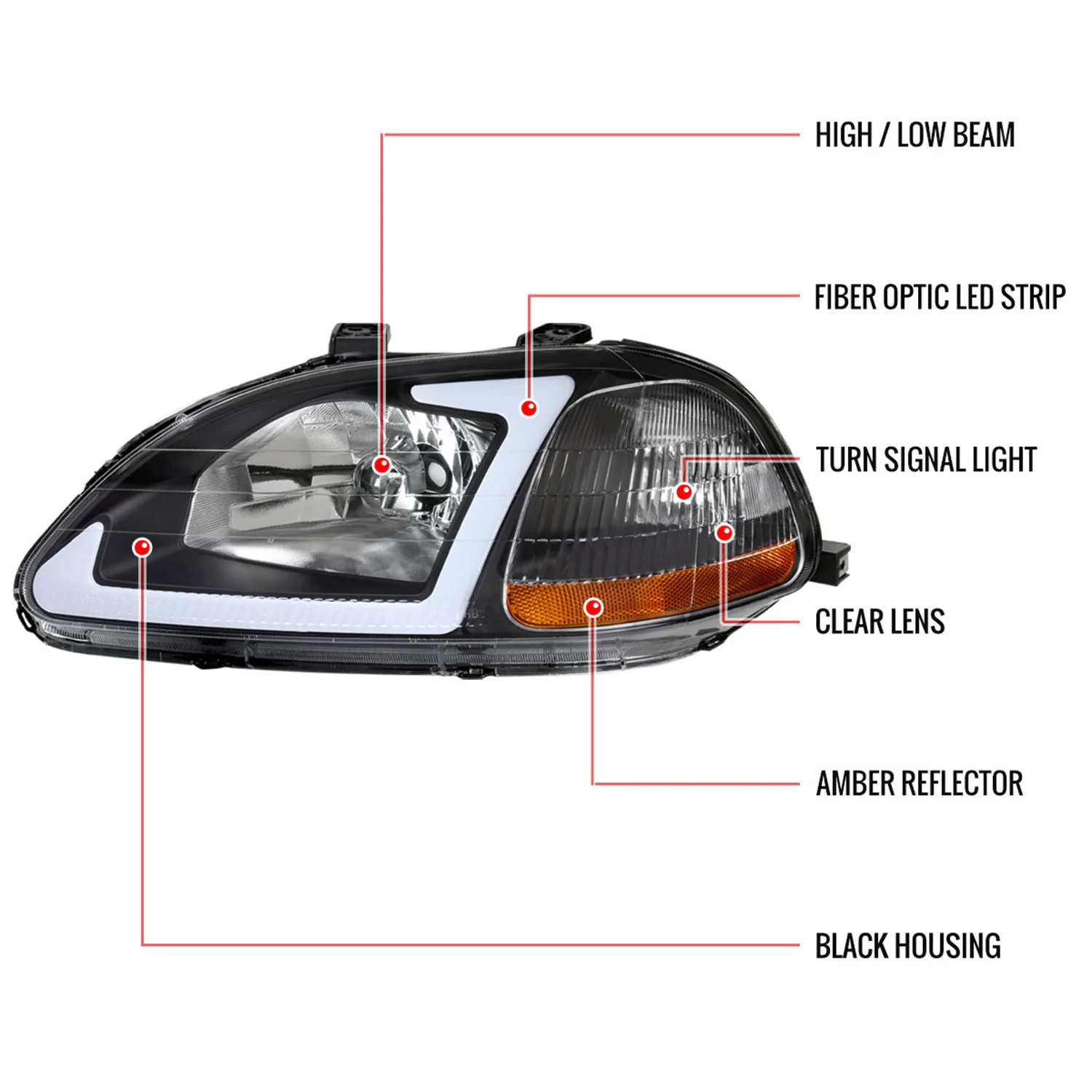 1996-1998 Honda Civic Coupe/Sedan LED Bar Factory Headlights Matt Black - Image 9