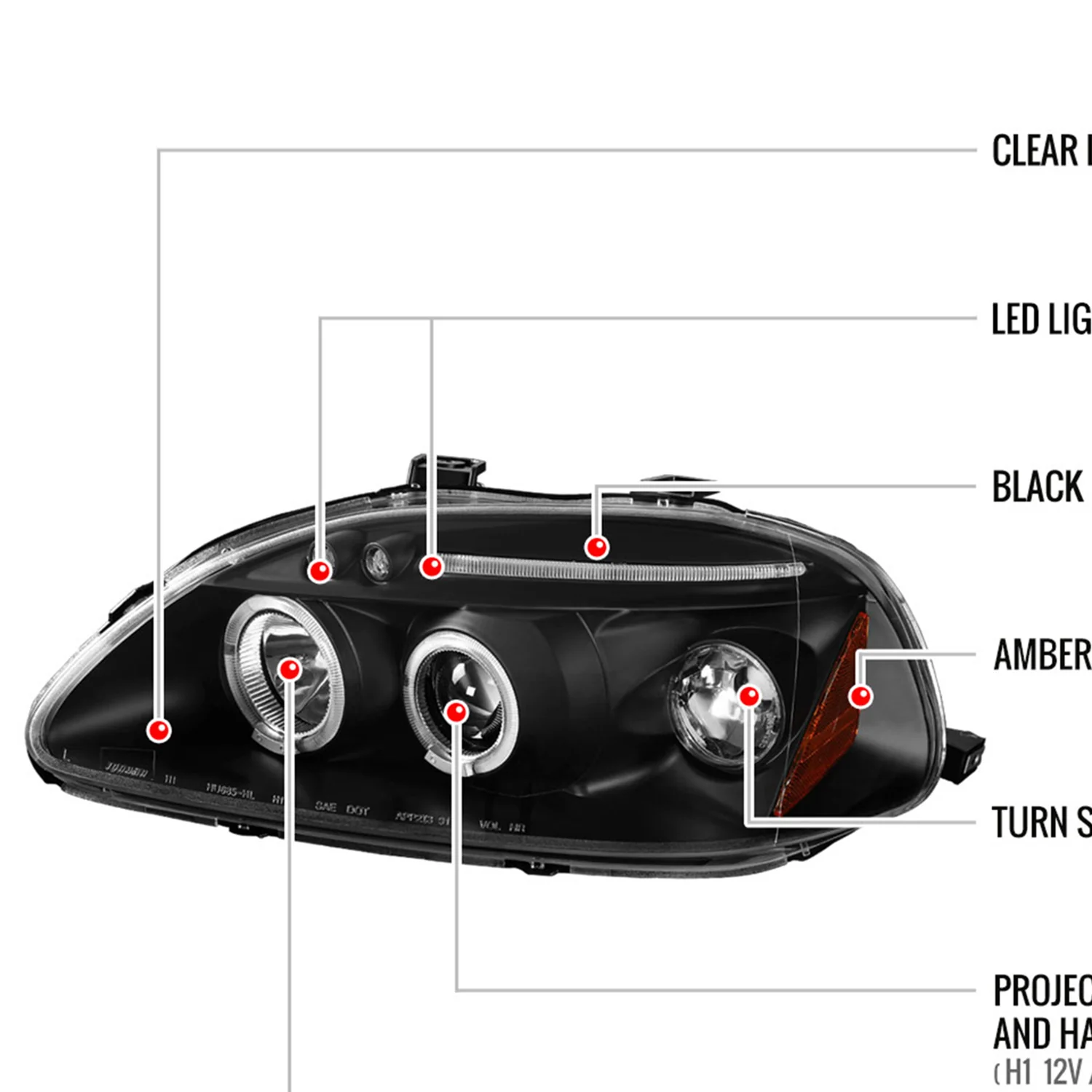 1996-1998 Honda Civic Dual Halo Projector Headlights Matte Black/Clear Lens - Image 8