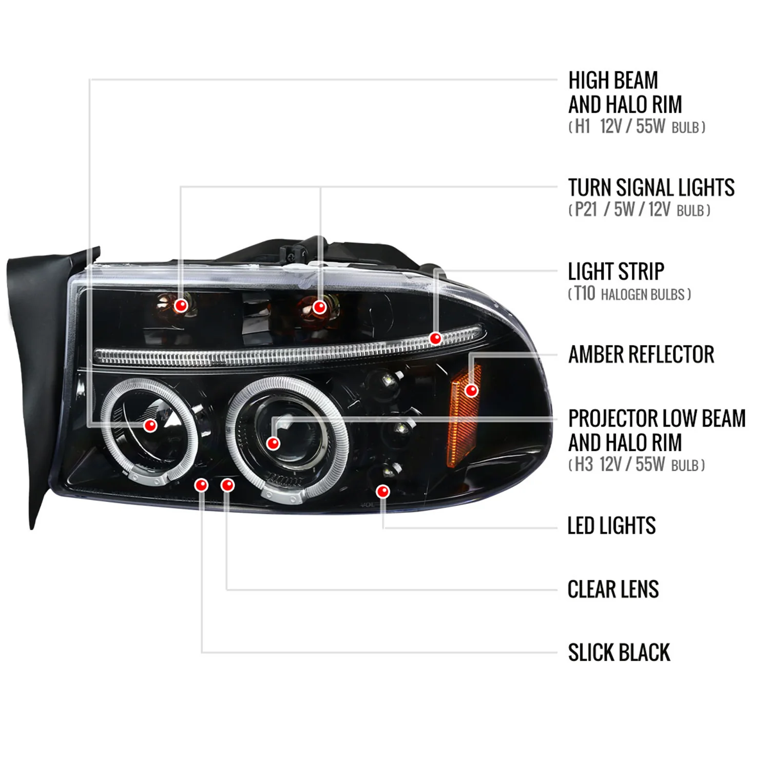 1997-2004 Dodge Dakota/ 98-2003 Durango Dual Halo Projector Headlights Jet Black - Image 9