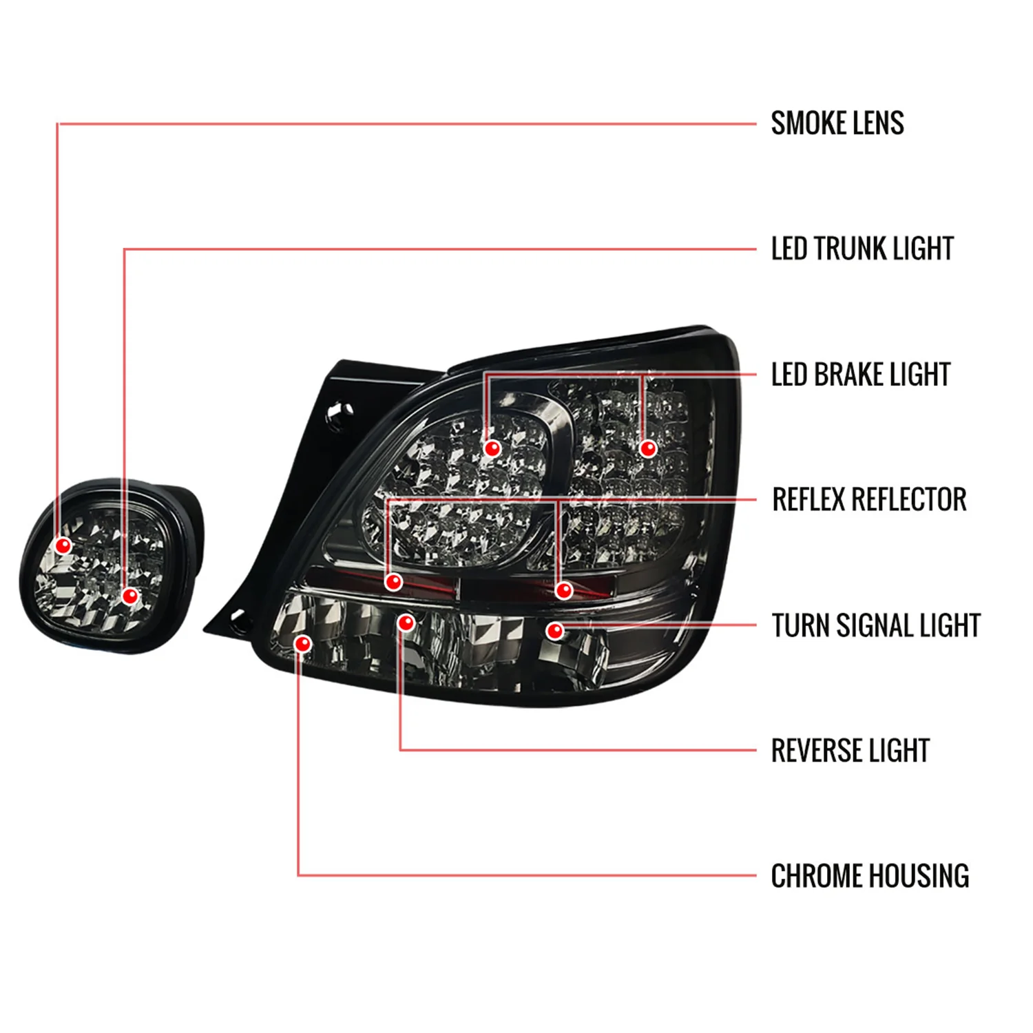 1998-2005 Lexus GS300/GS400/GS430 LED Tail & Trunk Lights Chrome/Red Smoke - Image 8