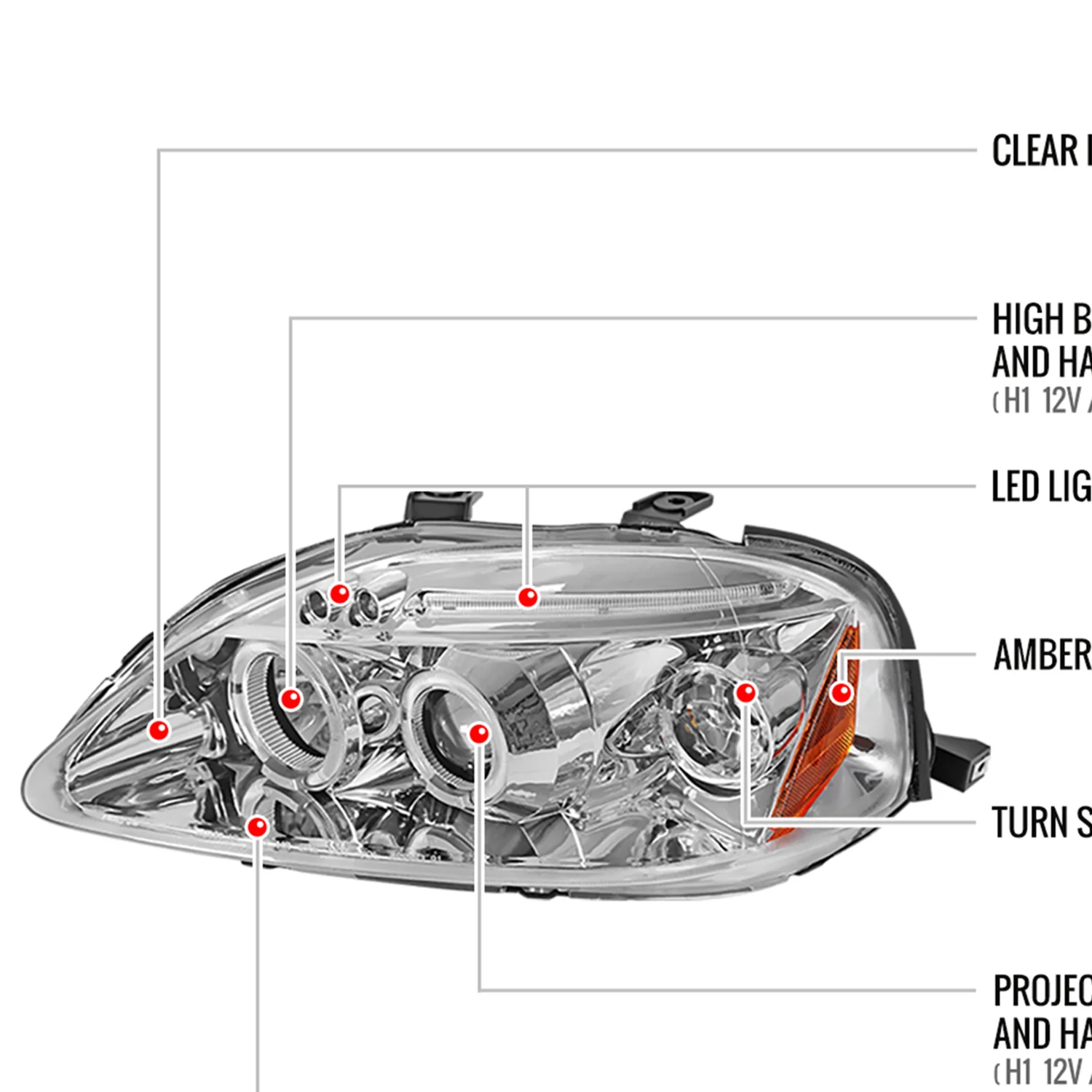 1999-2000 Honda Civic Dual Halo Projector Headlights Chrome/Clear Lens - Image 8