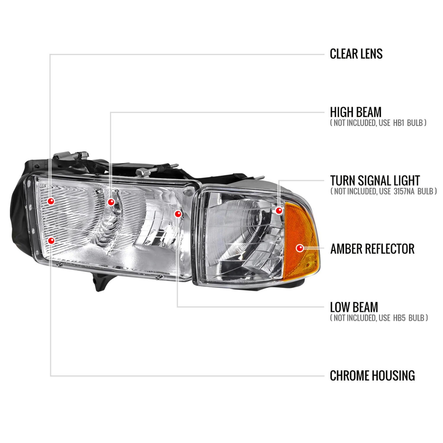 1999-2001 Dodge RAM 1500 Sport Factory Headlights and Corner Lights Chrome - Image 8