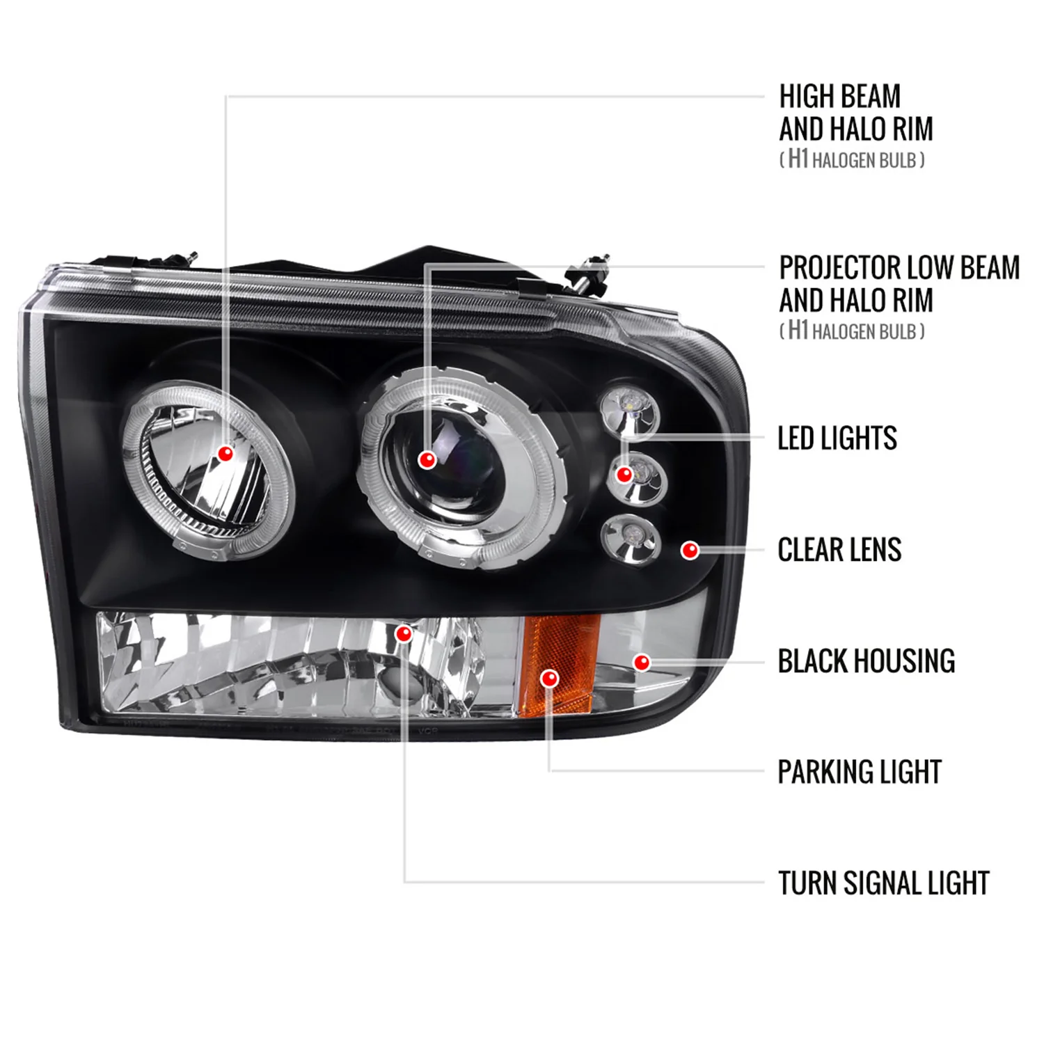 1999-2004 Ford Excursion F-250 F-350 F-450 F-550 Dual Halo Headlights Black - Image 9