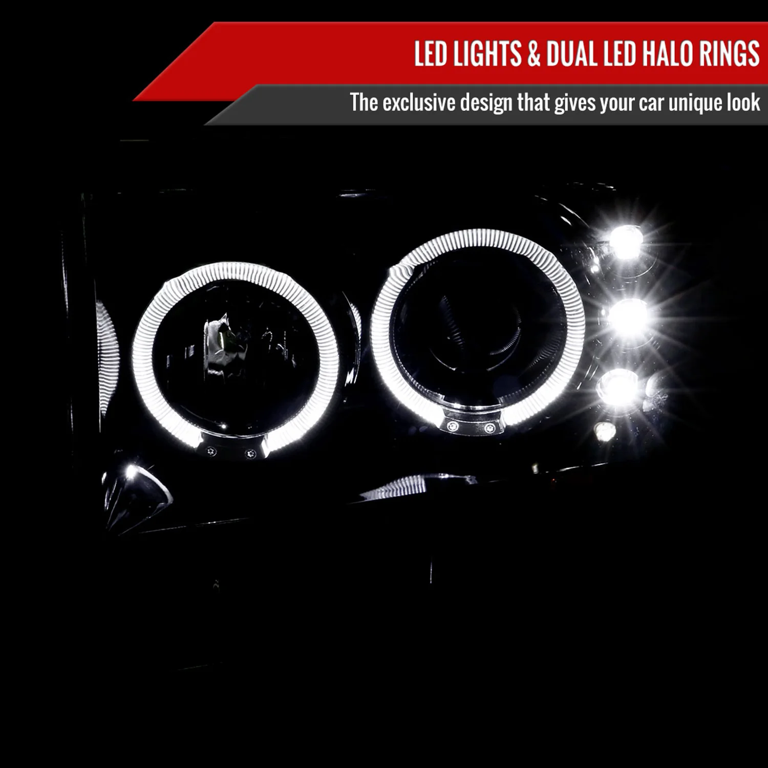 1999-2004 Ford F-250/350/450/550 Dual Halo Headlights Black - Image 2