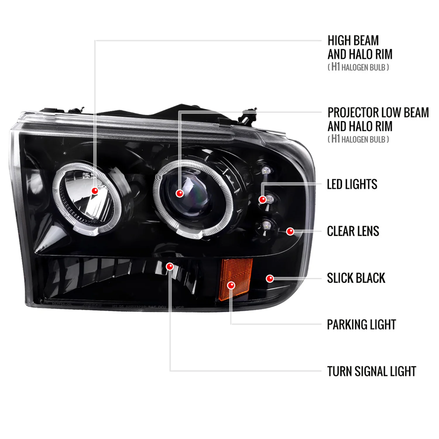 1999-2004 Ford F-250/350/450/550 Dual Halo Headlights Black - Image 9