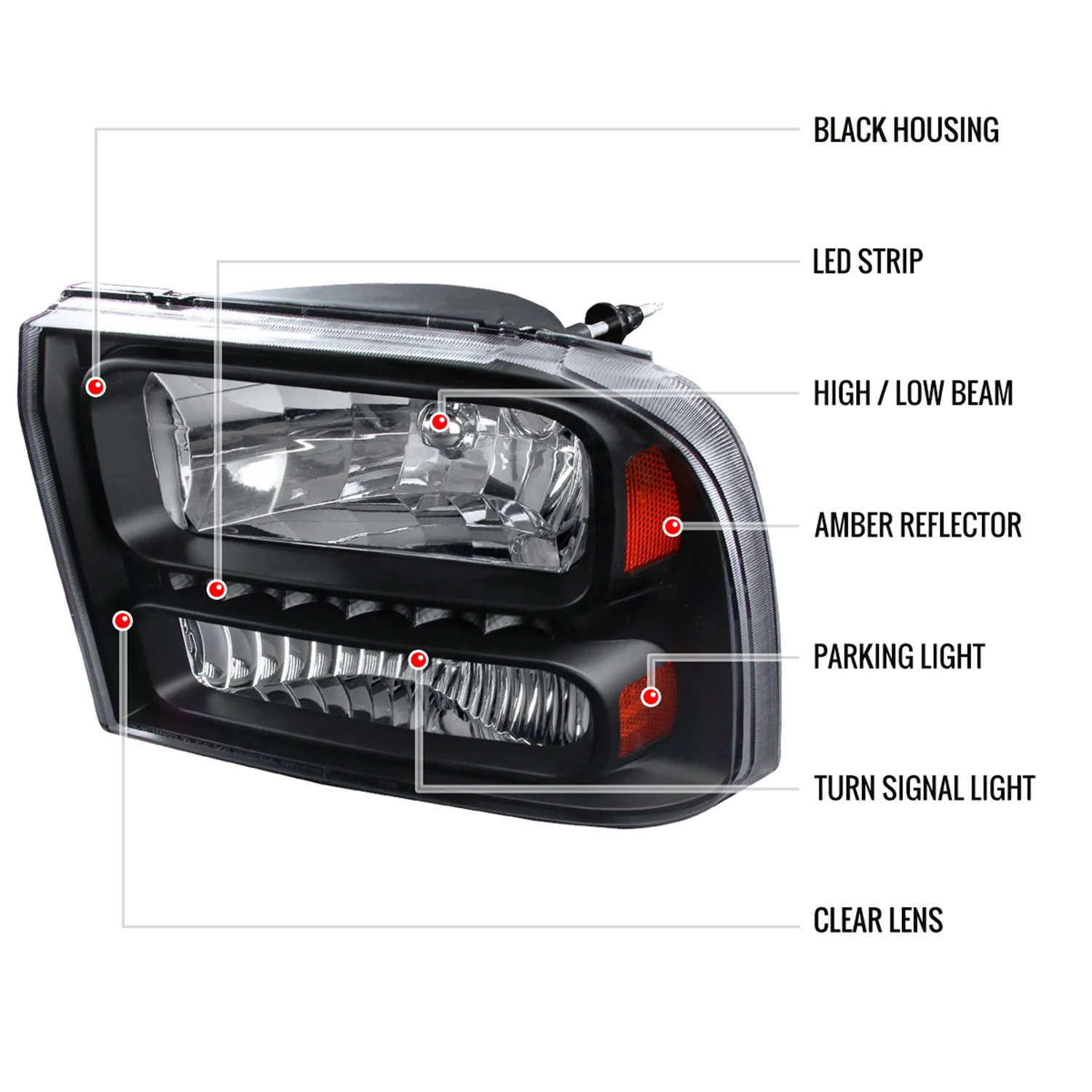 1999-2004 Ford F-250/350/450/550/Excursion Crystal Headlights LED Light Black - Image 8
