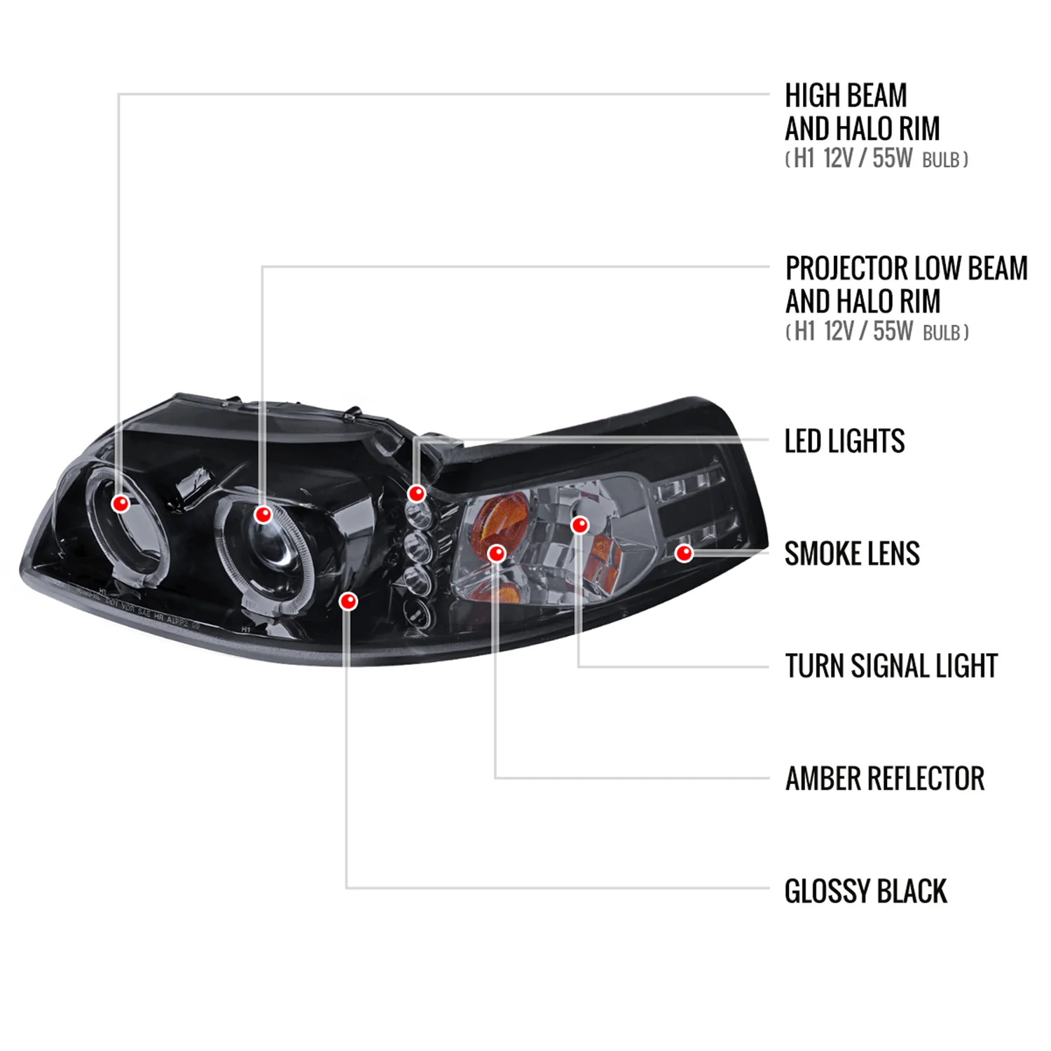 1999-2004 Ford Mustang Dual Halo Projector Headlights Glossy Black/Smoke Lens - Image 8