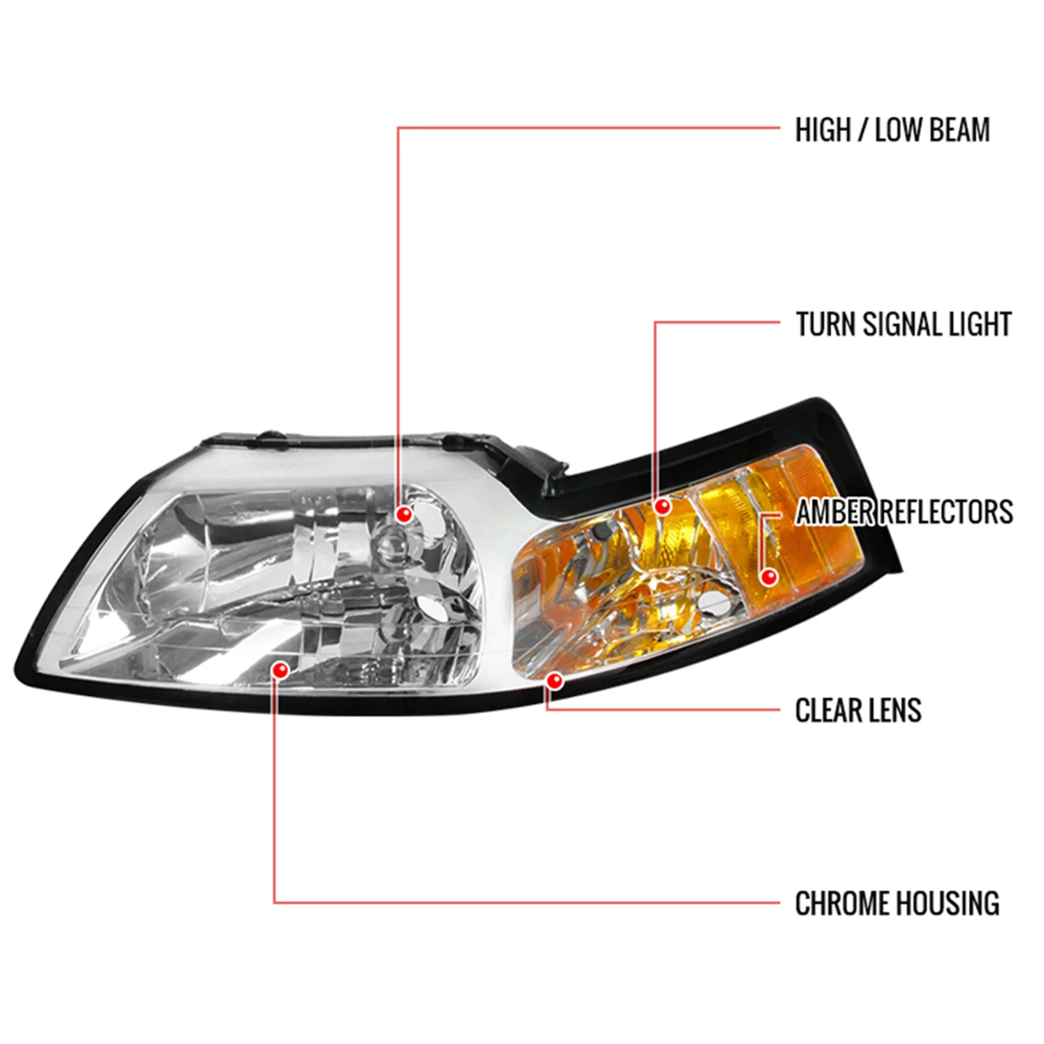 1999-2004 Ford Mustang Factory Headlights w/Amber Reflectors Chrome/Clear - Image 7