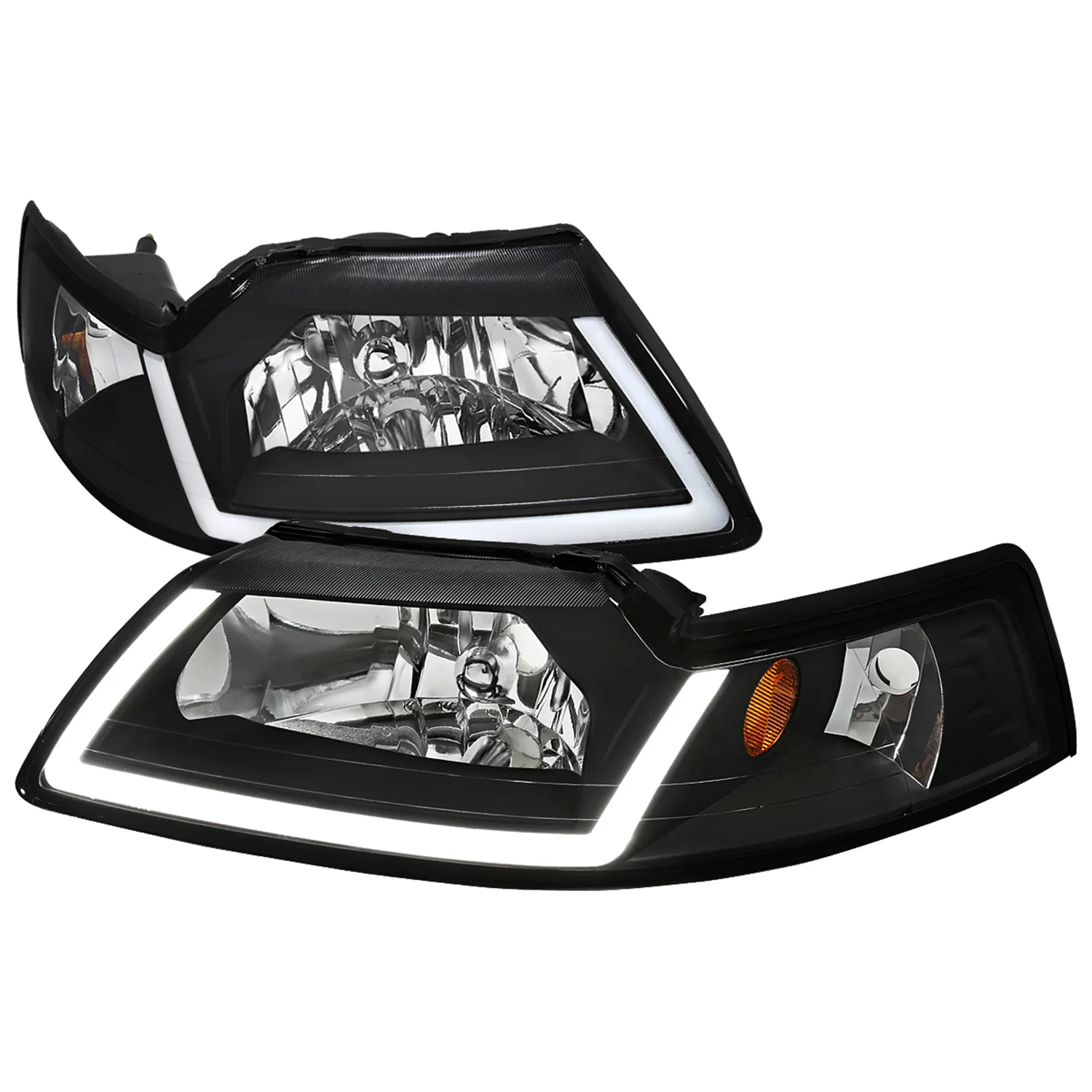 1999-2004 Ford Mustang LED Bar Factory Headlights Amber Reflector Matt Black