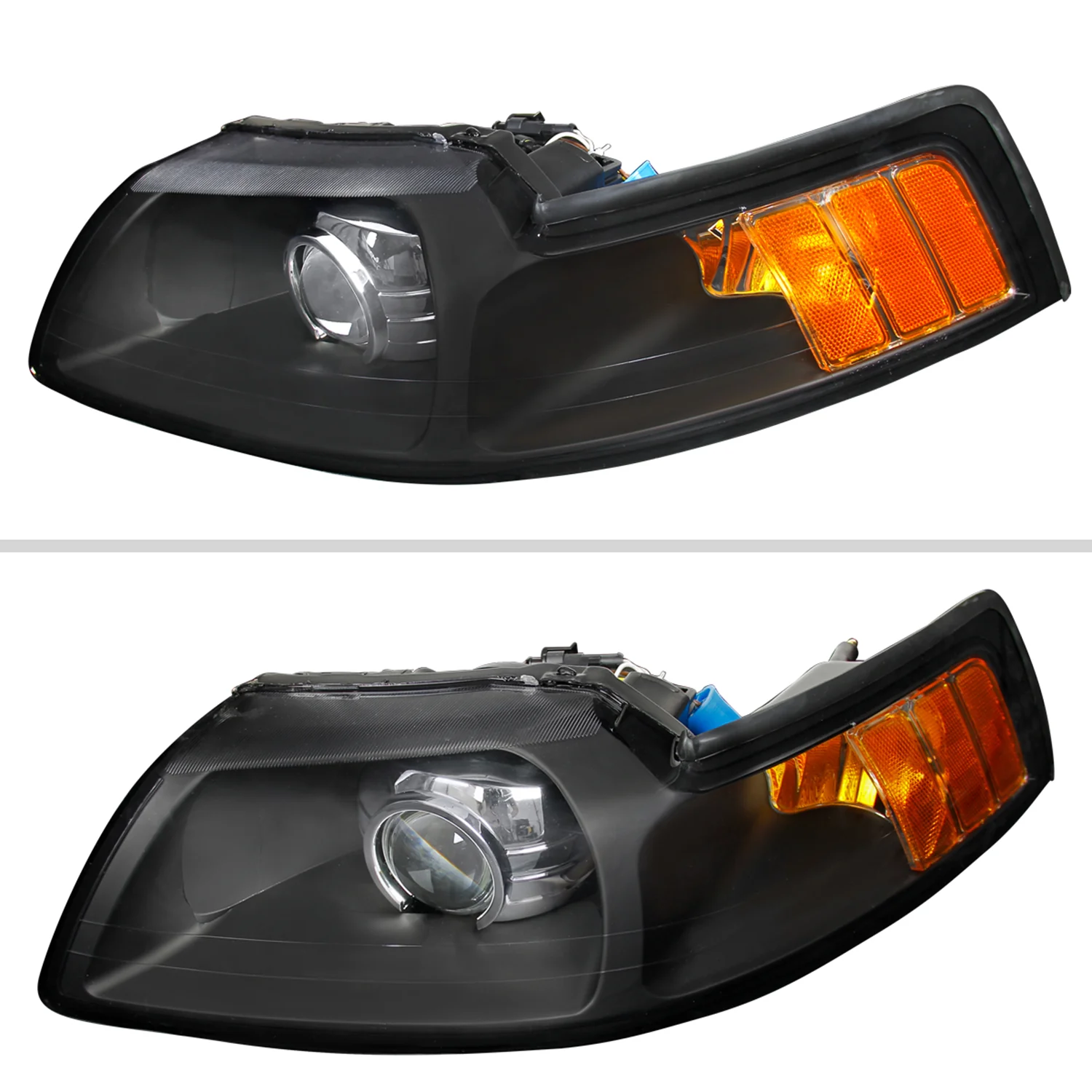 1999-2004 Ford Mustang Projector Headlights Amber Reflectors Matt Black/Clear - Image 2
