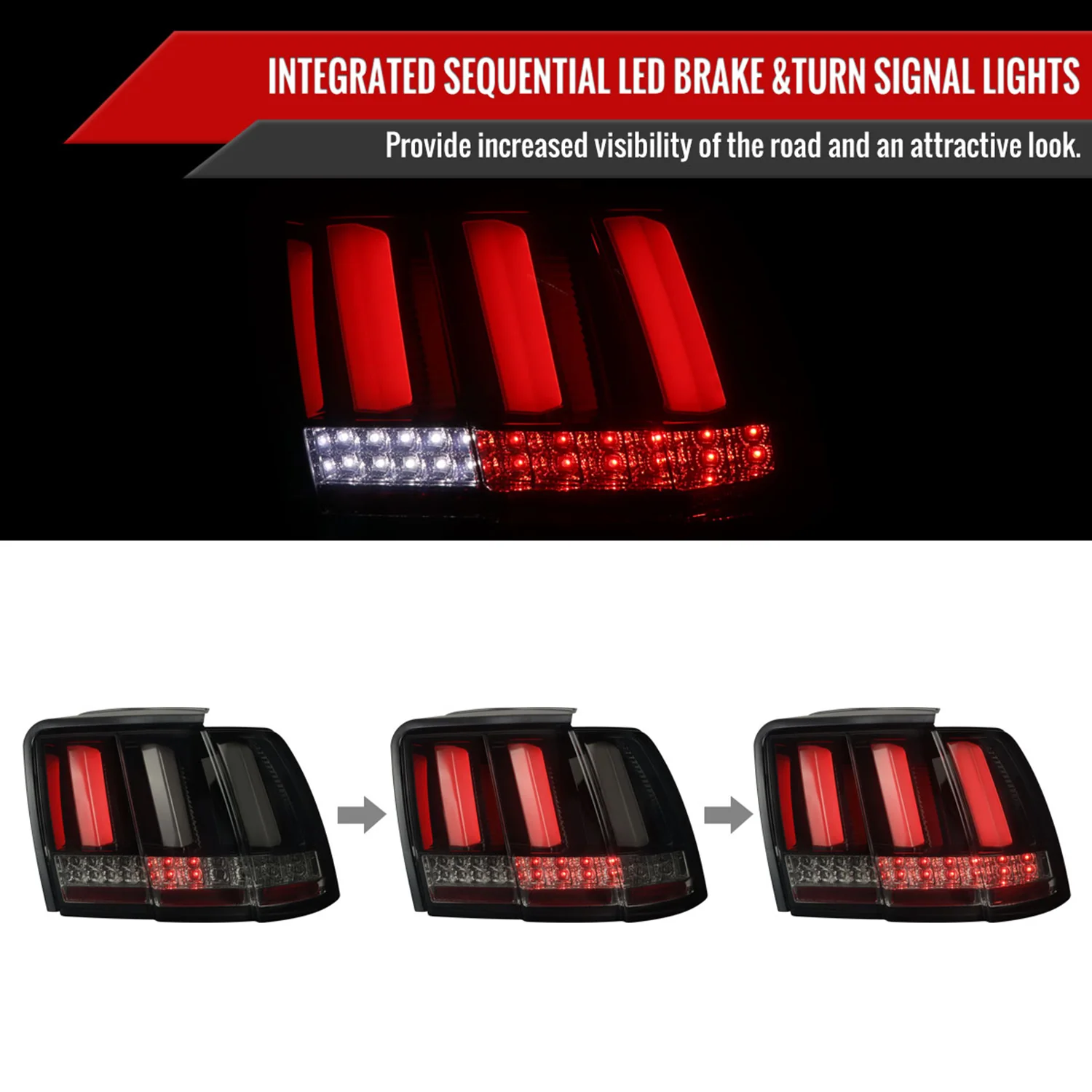1999-2004 Ford Mustang Sequential LED Tail Lights Glossy Black/Smoke Lens - Image 2