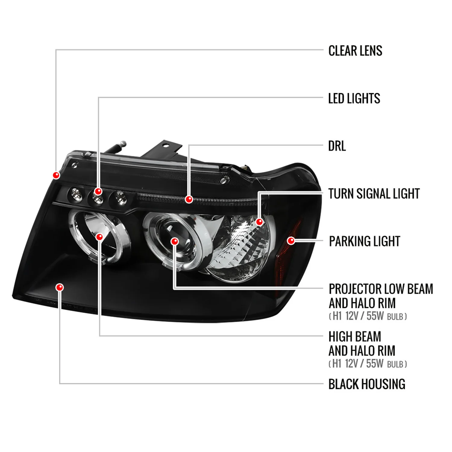 1999-2004 Jeep Grand Cherokee Dual Halo Projector Headlights Matte Black/Clear - Image 8