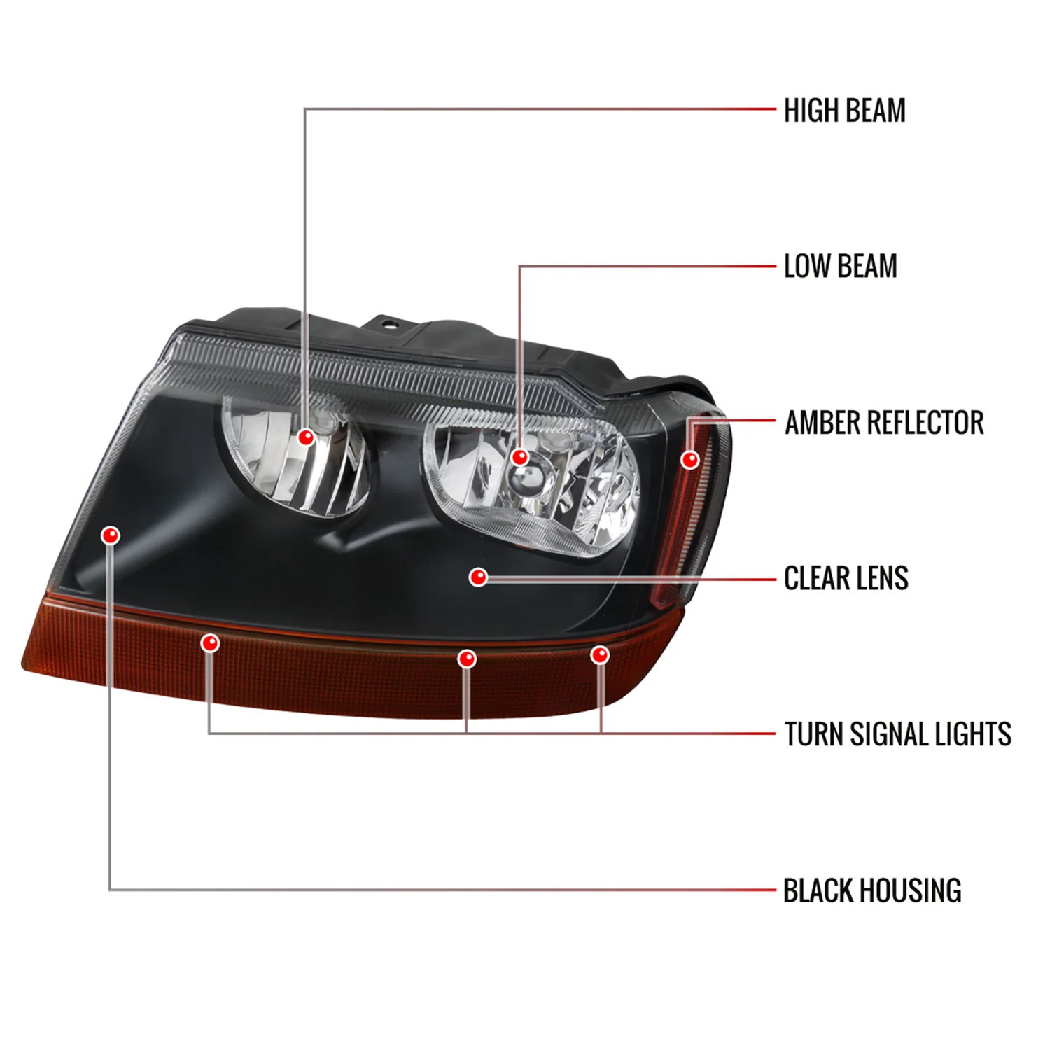 1999-2004 Jeep Grand Cherokee Factory Crystal Headlights Matt Black/Clear - Image 8