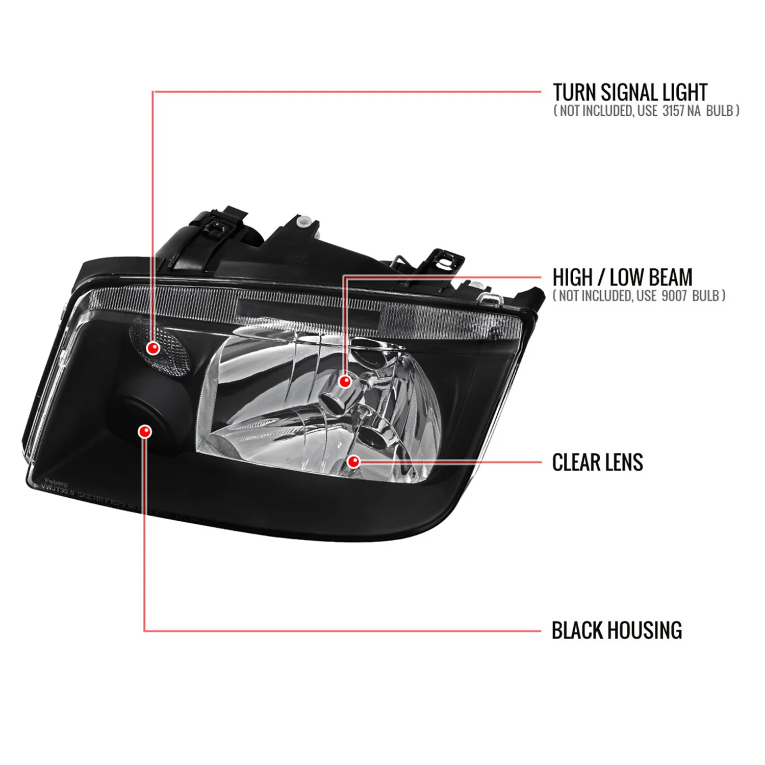 1999-2005 VW Jetta/Bora Mk4 V3 Factory Style Headlights Matte Black/Clear Lens - Image 8
