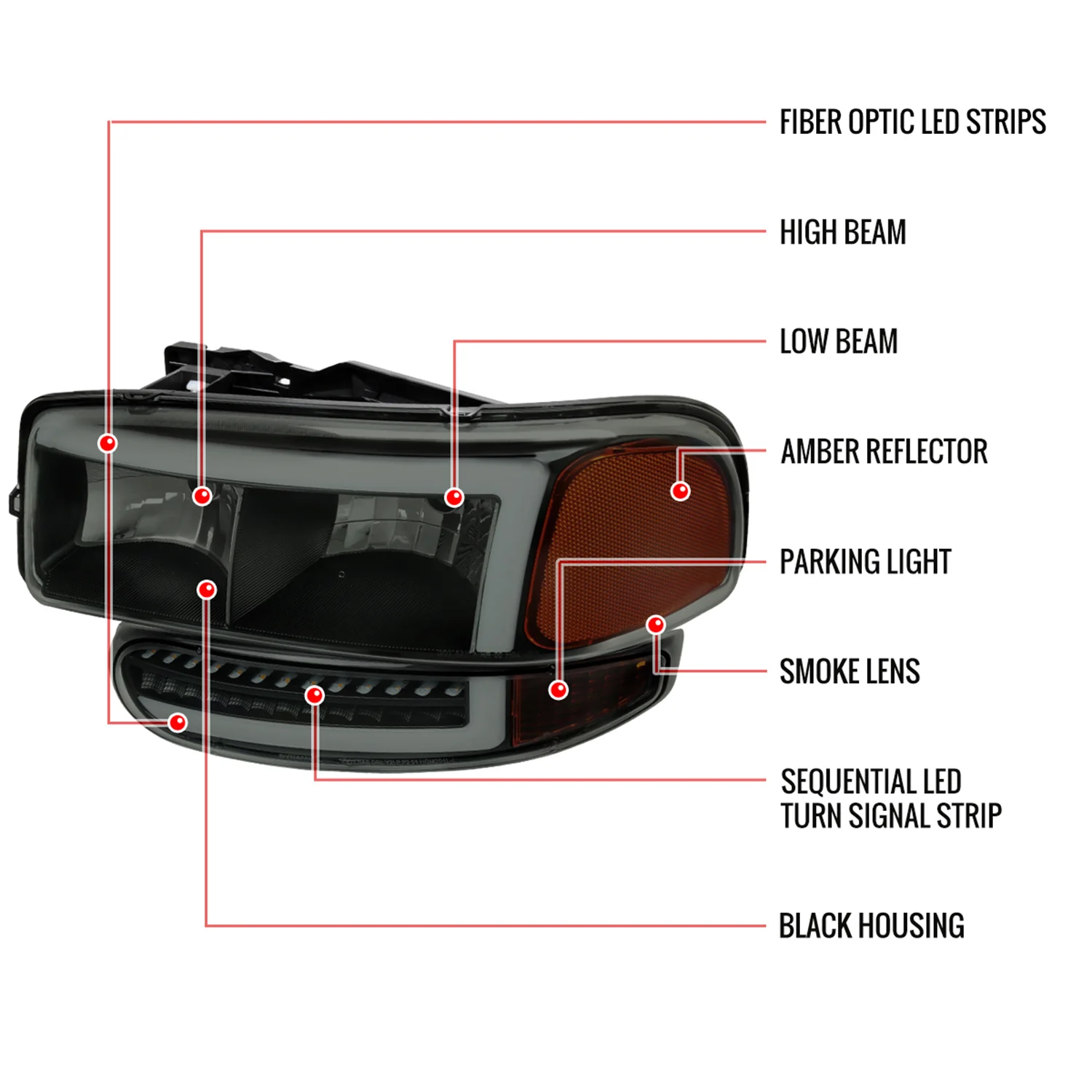 1999-2006 GMC Sierra Sierra Yukon/XL Headlights LED Signal Bumper Lights Smoke - Image 8