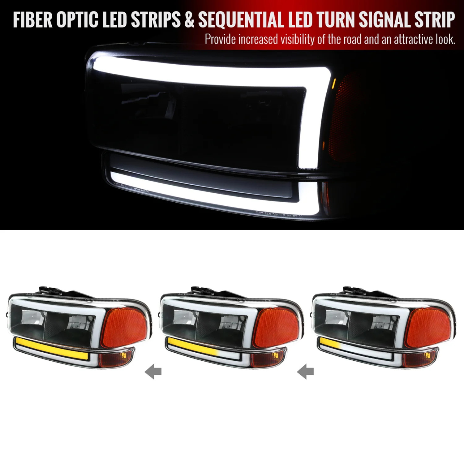1999-2006 GMC Sierra/Yukon/Yukon XL Headlights&Signal Bumper Lights Black - Image 2