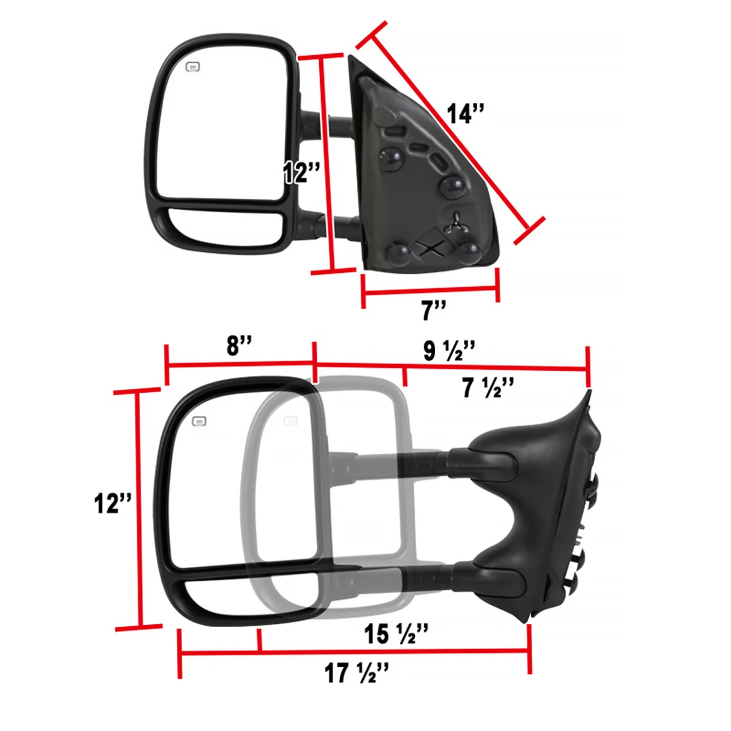 1999-2007 Ford F-250/350/450/550 Excursion Heated Extendable Towing Mirrors - Image 2