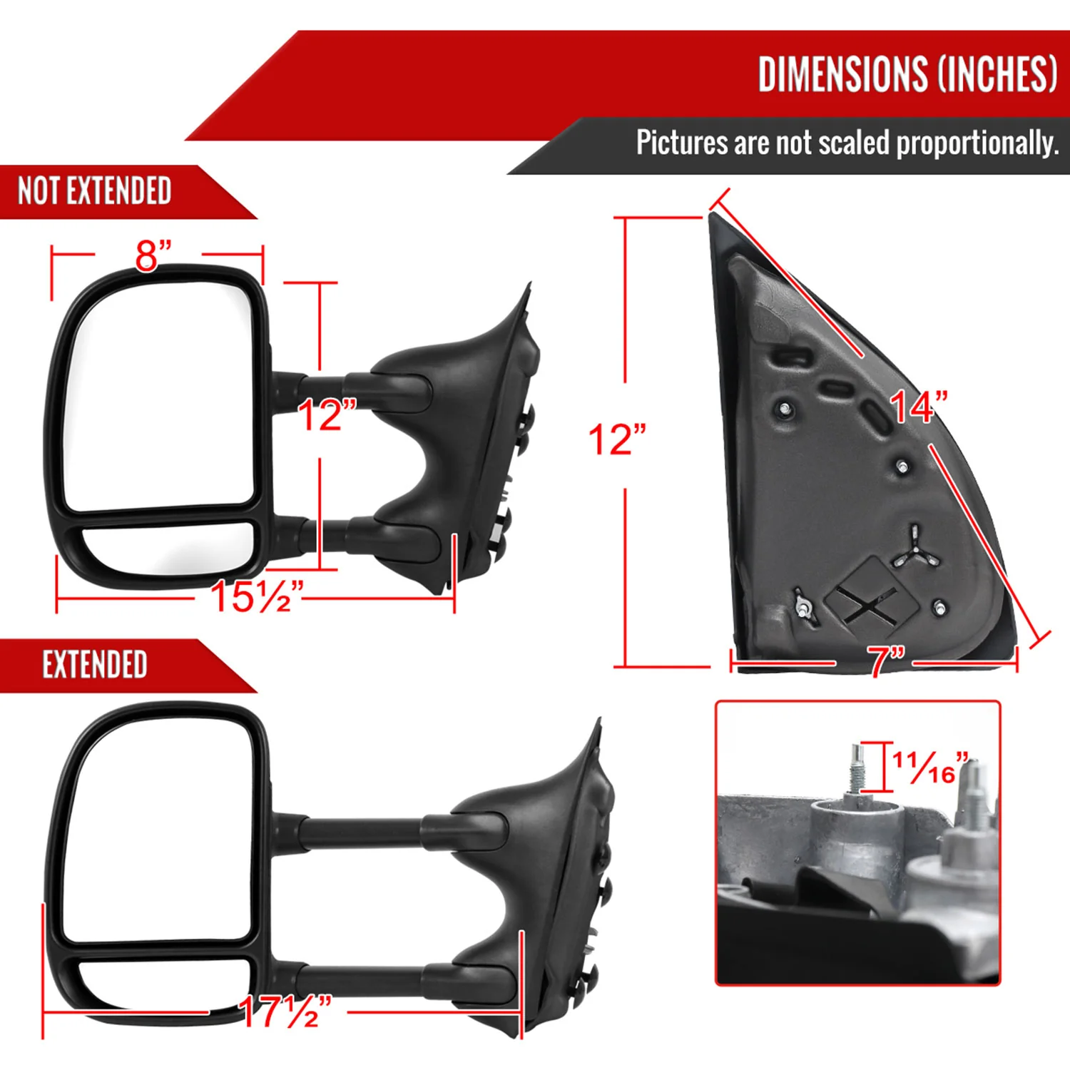 1999-2016 Ford F-250/350/450/550 Manual Adjustable & Extendable Towing Mirrors - Image 7