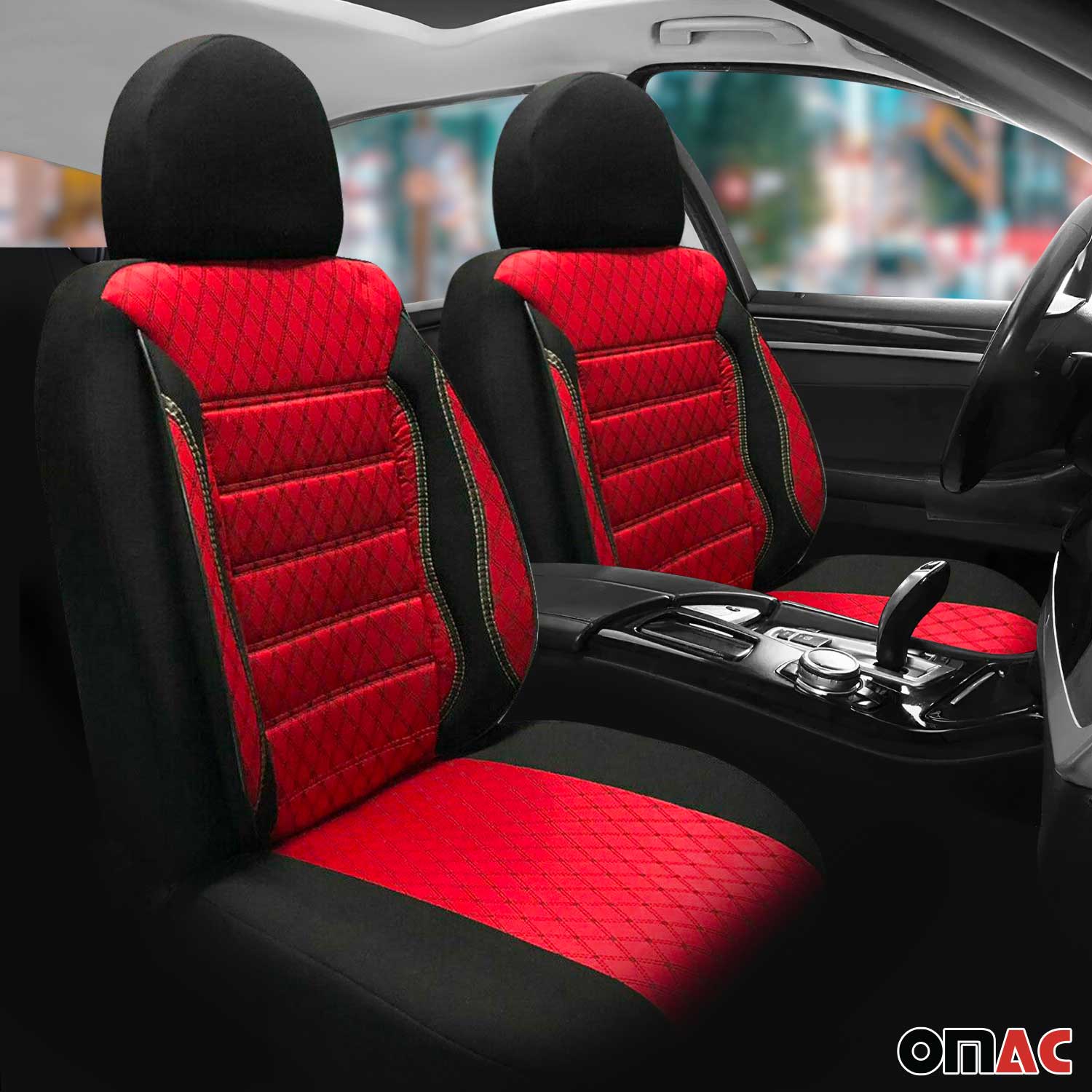 1x Front Car Pickup Van SUV Seat Cover Protection Fabric Black with Red - Image 2
