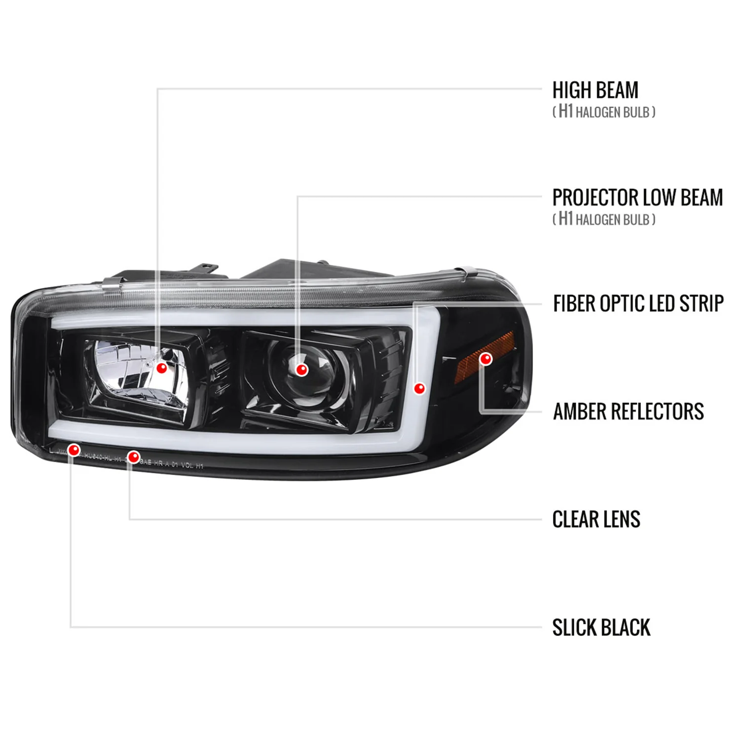 2000-2006 GMC Sierra/Denali/Yukon LED Strip Projector Headlights Glossy Black - Image 9