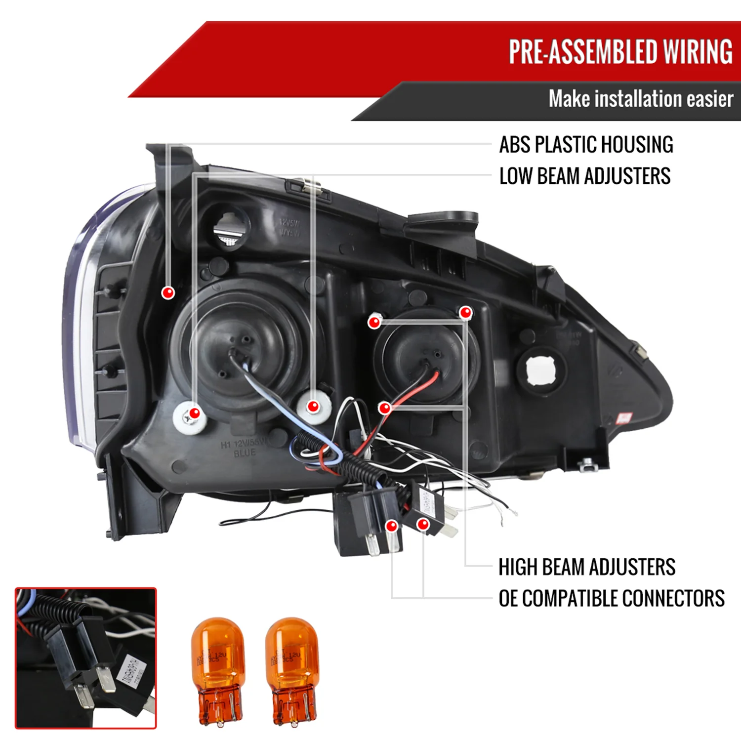2002-2004 Acura RSX Dual Halo Projector Headlights Glossy Black/Smoke Lens - Image 7