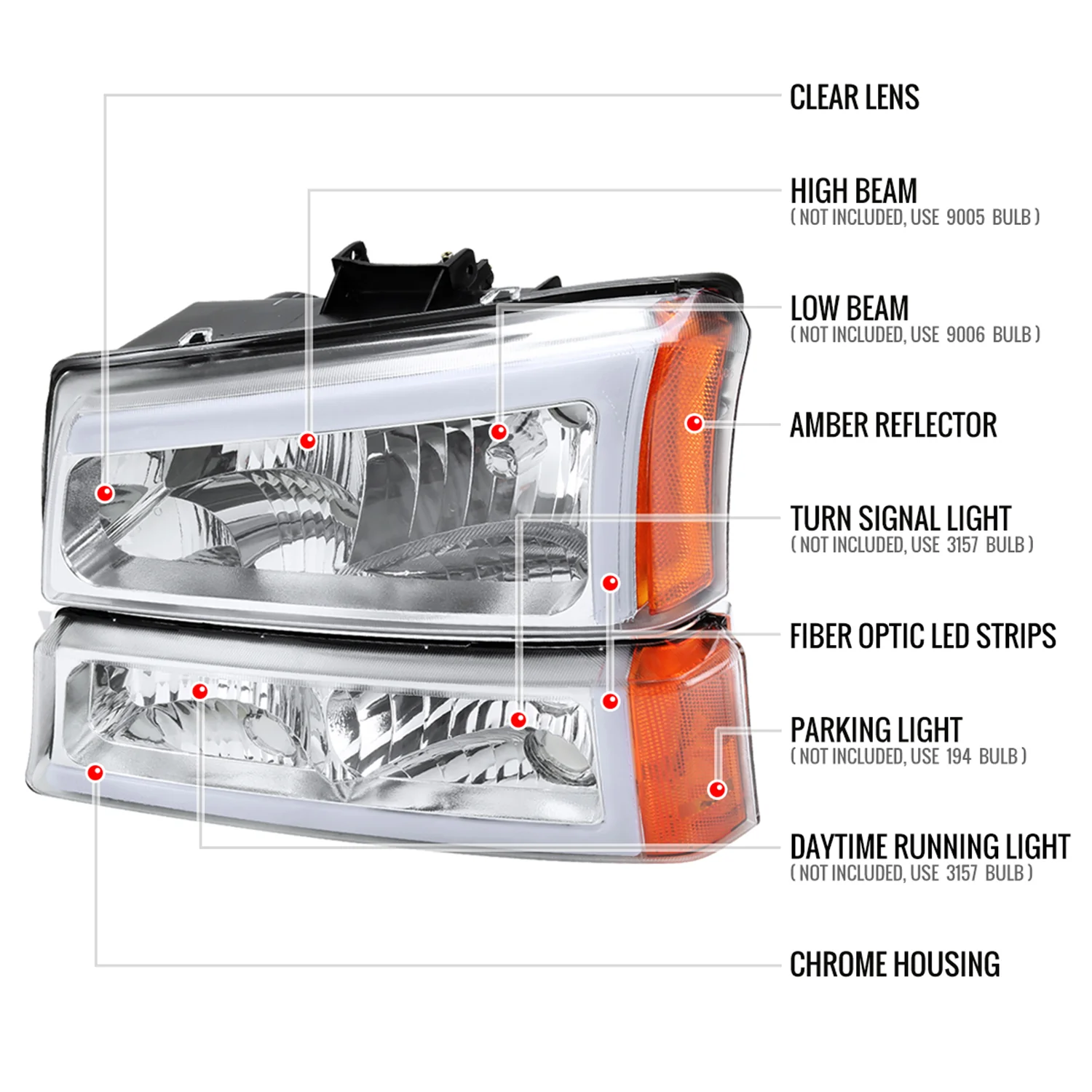 2002-2006 Chevy Avalanche/ Silverado LED Bar Headlights&Bumper Lights Chrome - Image 8