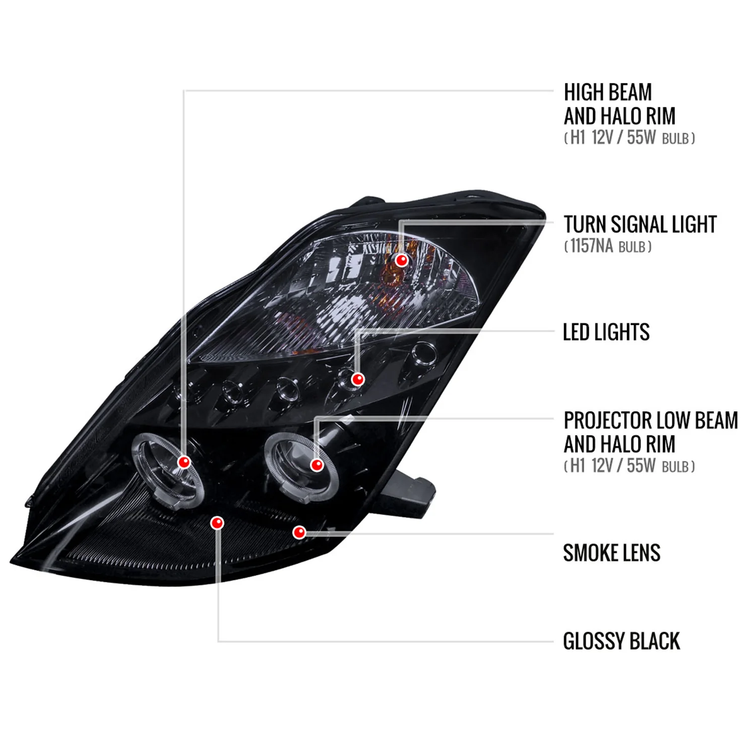 2003-2005 Nissan 350Z Dual Halo Projector Headlights Glossy Black/Smoke Lens - Image 8