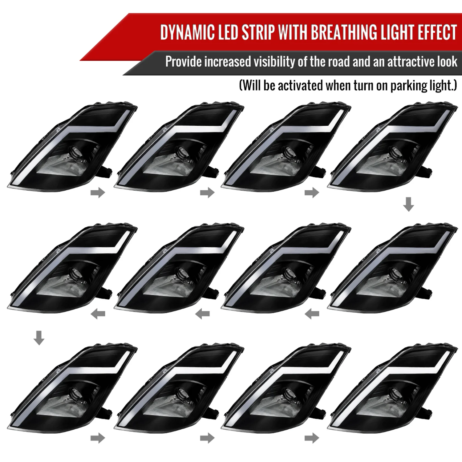 2003-2005 Nissan 350Z Turn Signal Animated LED Bar Projector Headlights Black - Image 3
