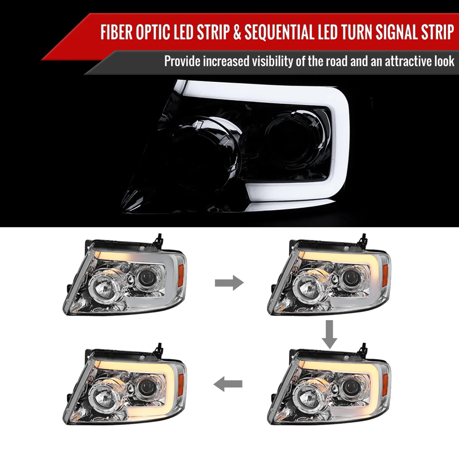 2004-2008 Ford F-150/ 06-2008 Lincoln Mark LT LED Switchback Headlights Chrome - Image 2