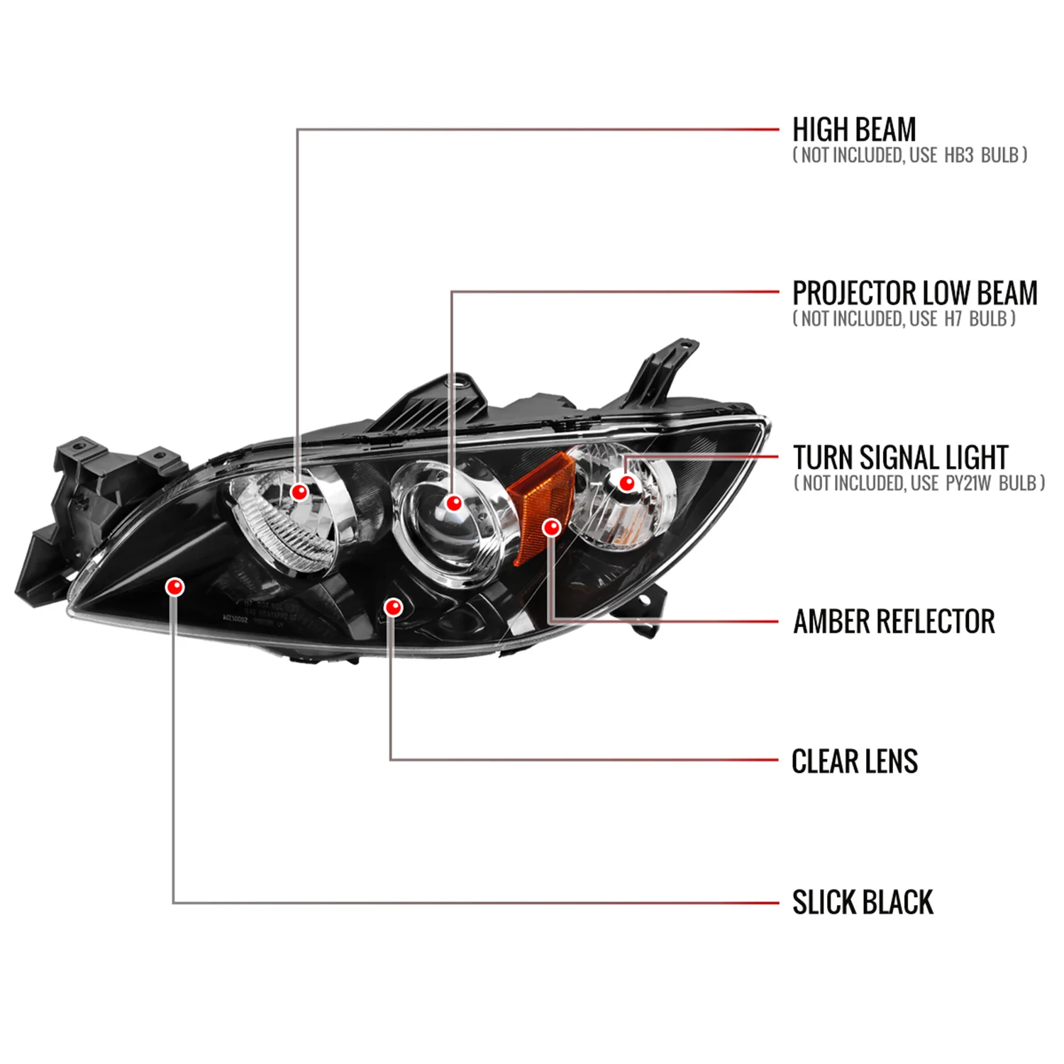2004-2009 Mazda 3 Sedan Projector Style Headlights Matte Black/Clear Lens - Image 8