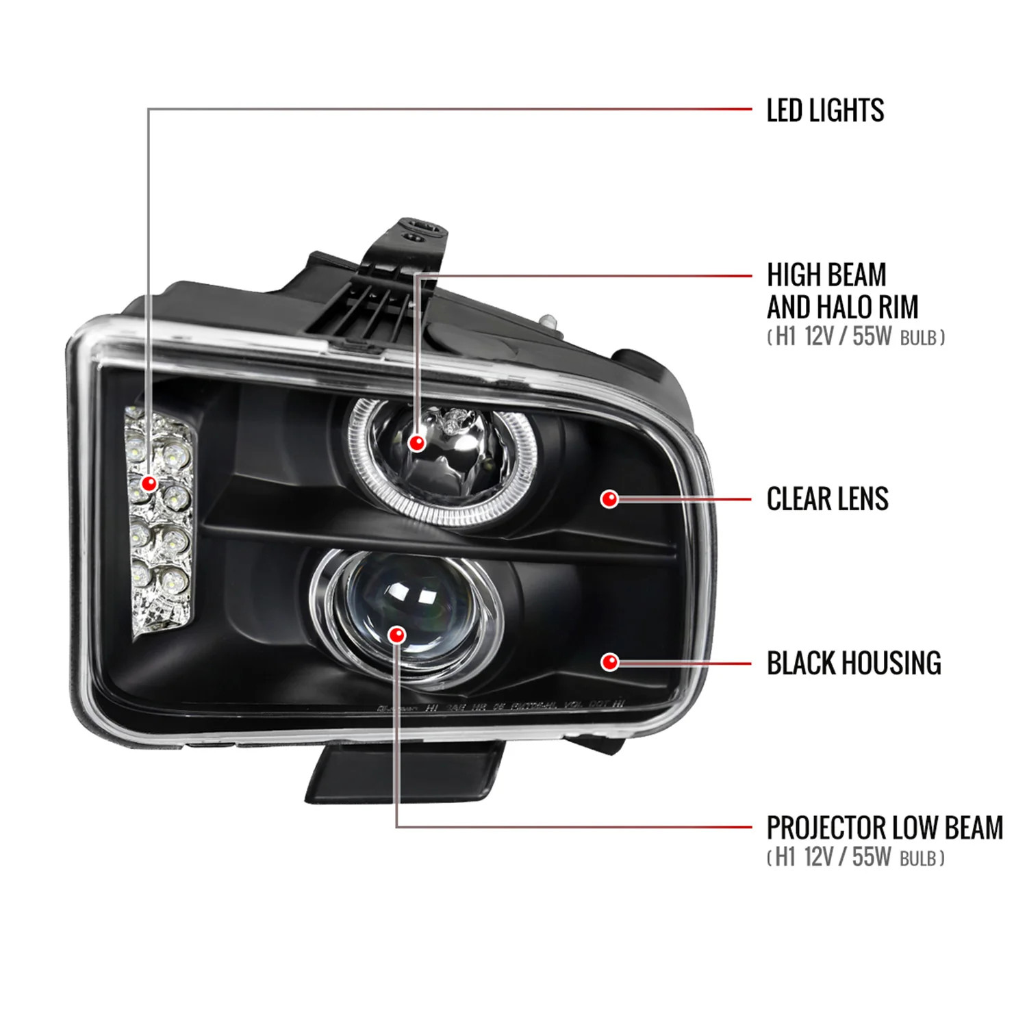 2005-2009 Ford Mustang Halo Projector Headlights LED Light Strip Matt Black - Image 8