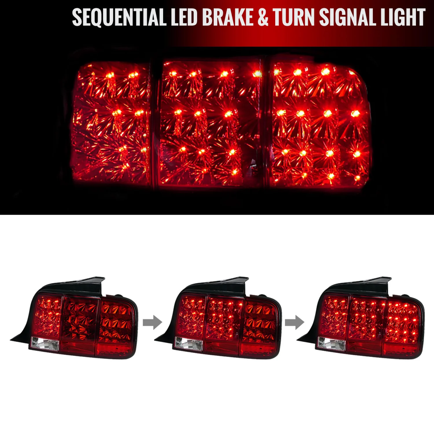 2005-2009 Ford Mustang Sequential LED Tail Lights Chrome Housing/Red Lens - Image 2