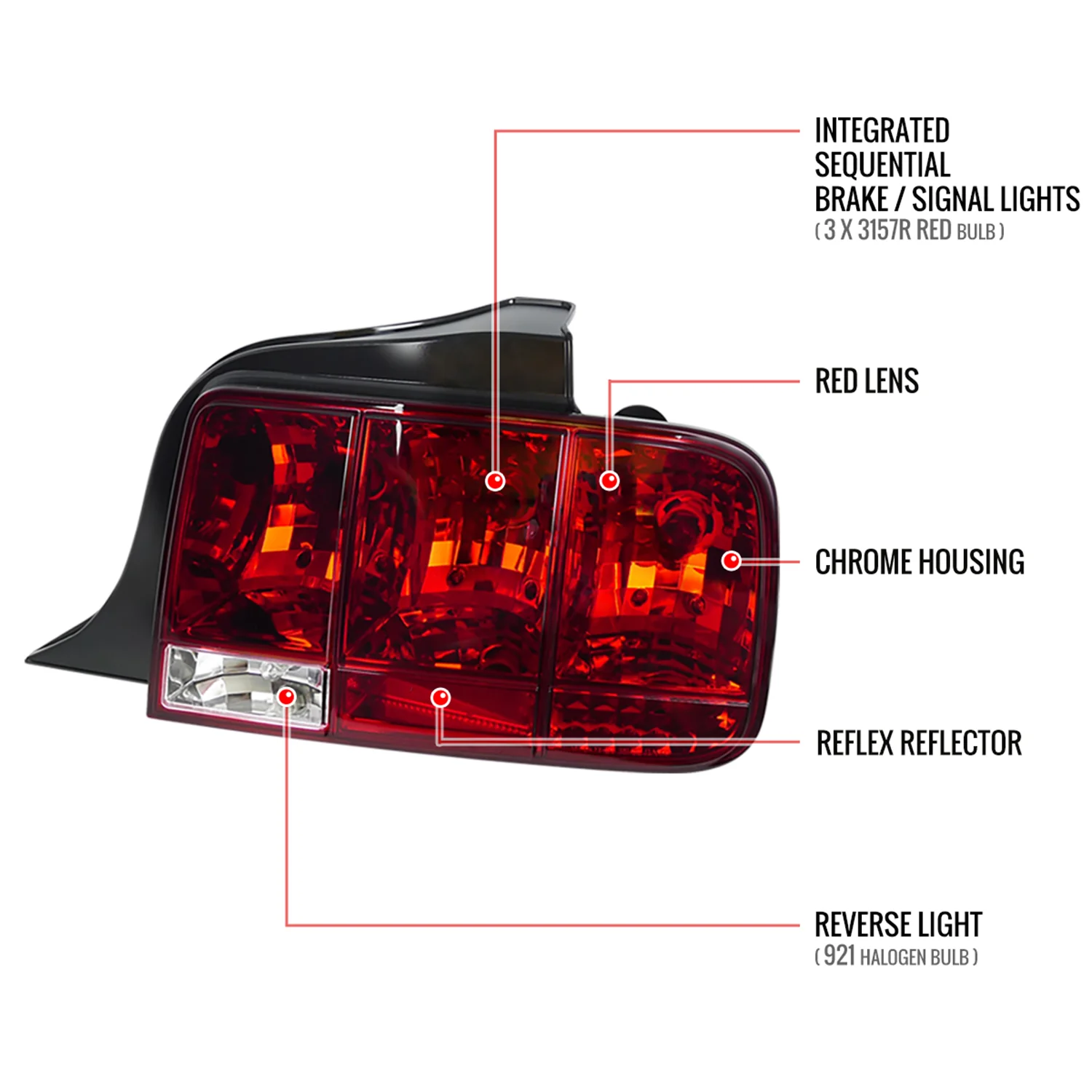 2005-2009 Ford Mustang Sequential Tail Lights Chrome Housing/Red Lens - Image 9