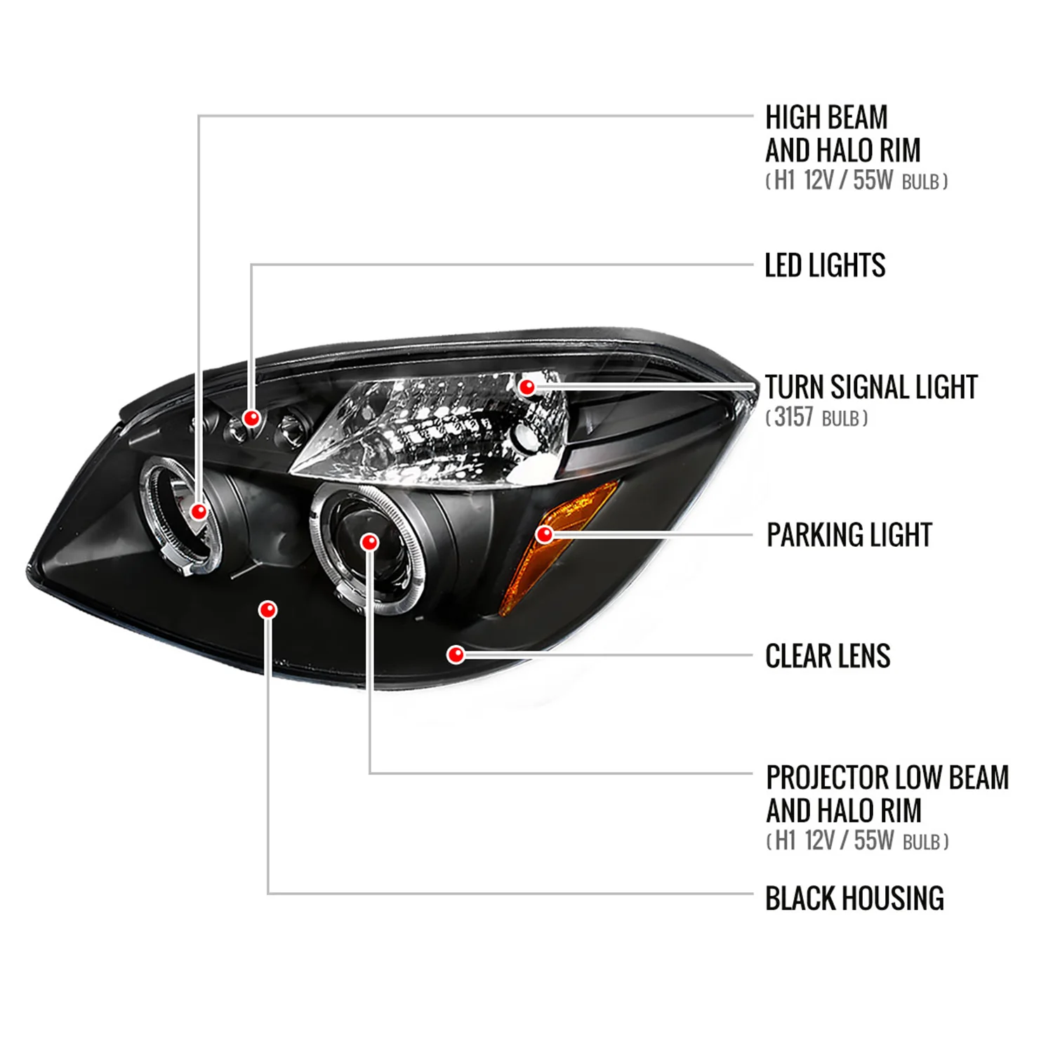 2005-2010 Chevy Cobalt Pontiac G5/Pursuit Dual Halo Projector Headlights Black - Image 8