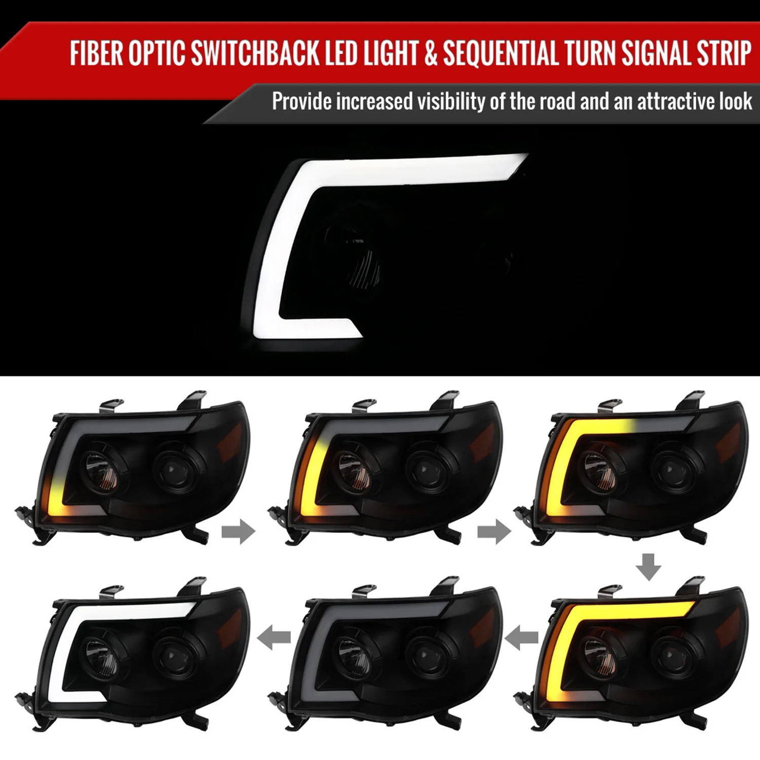 2005-2011 Toyota Tacoma LED Bar Projector Headlights Turn Signal Black Smoke - Image 2