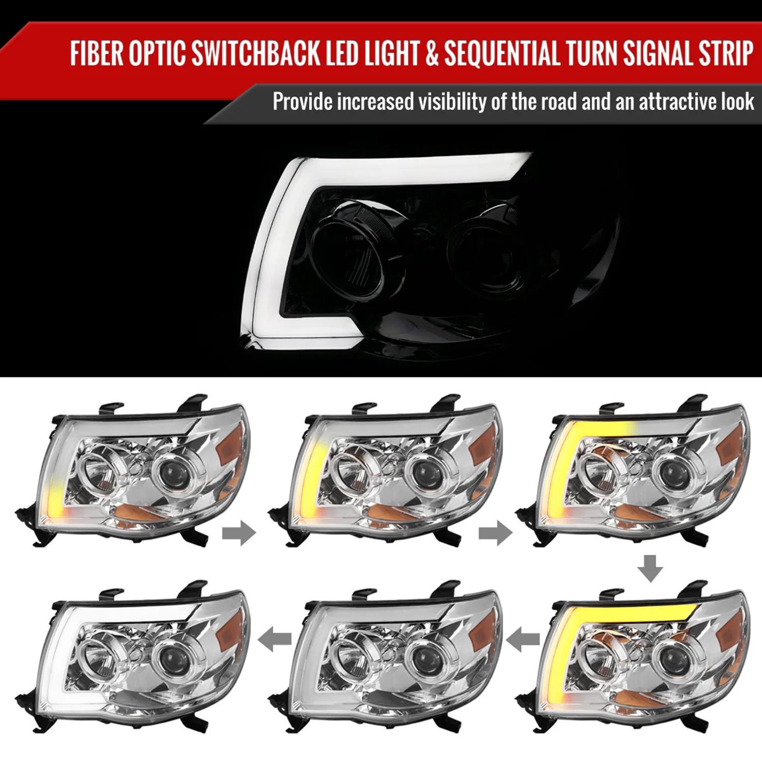 2005-2011 Toyota Tacoma LED Bar Projector Headlights Turn Signal Lights Chrome - Image 2