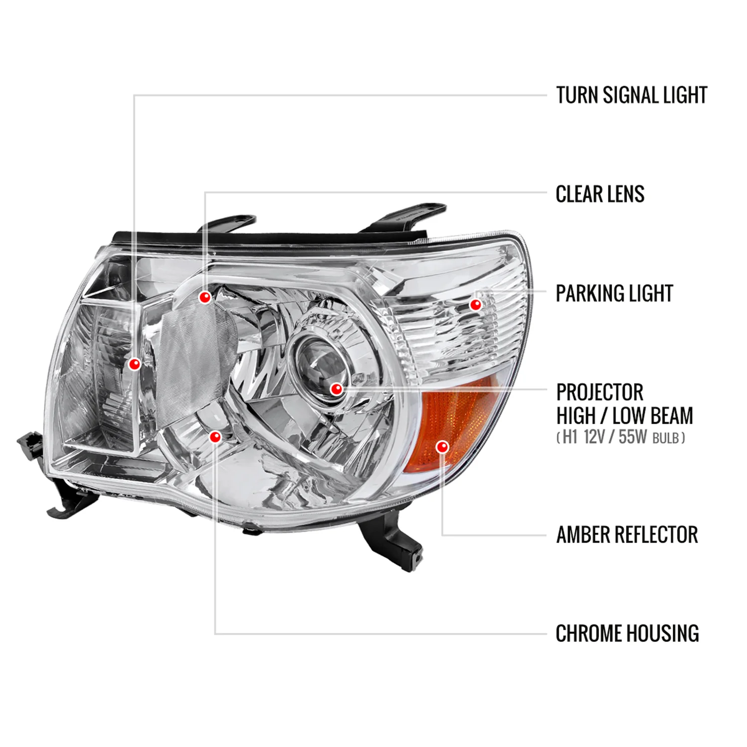 2005-2011 Toyota Tacoma Retro Style Projector Headlights Chrome/Clear Lens - Image 8