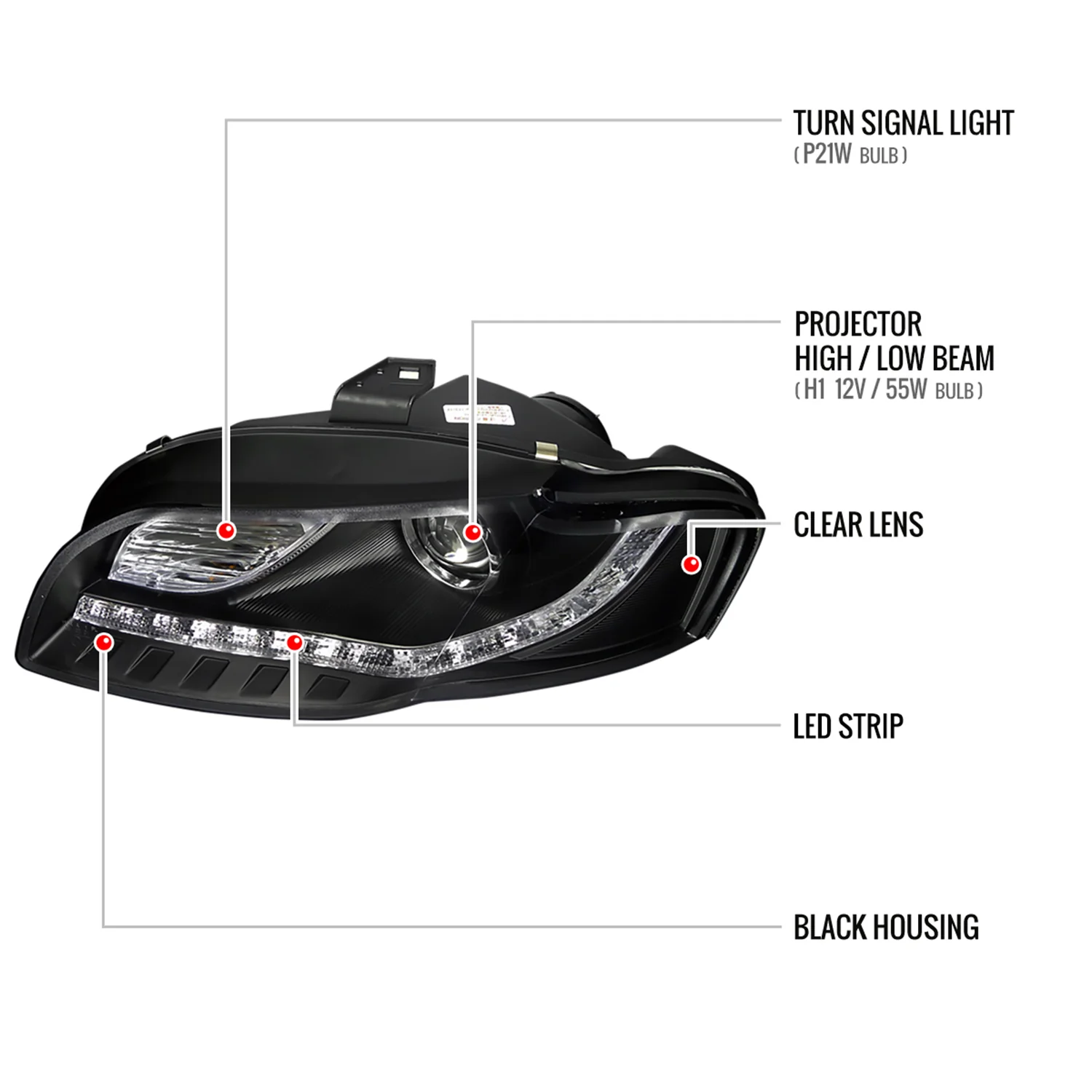 2006-2008 Audi A4 Projector Headlights R8 SMD LED Light Strip Matt Black/Clear - Image 8