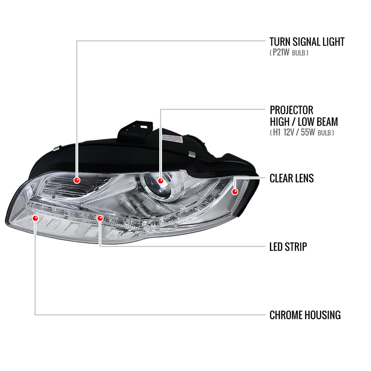 2006-2008 Audi A4 Projector Headlights w/R8 SMD LED Light Strip Chrome/Clear - Image 8