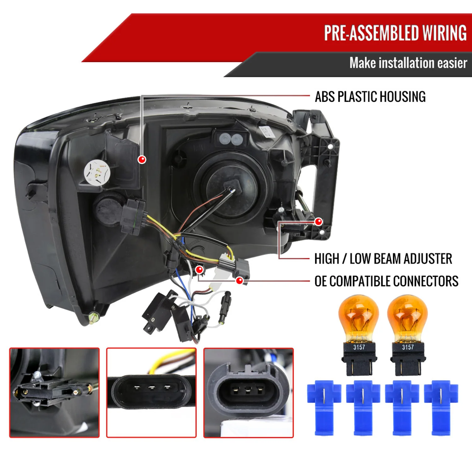 2006-2008 Dodge RAM 1500/ 06-2009 Dodge RAM 2500/3500 LED Tube Headlights Black - Image 7