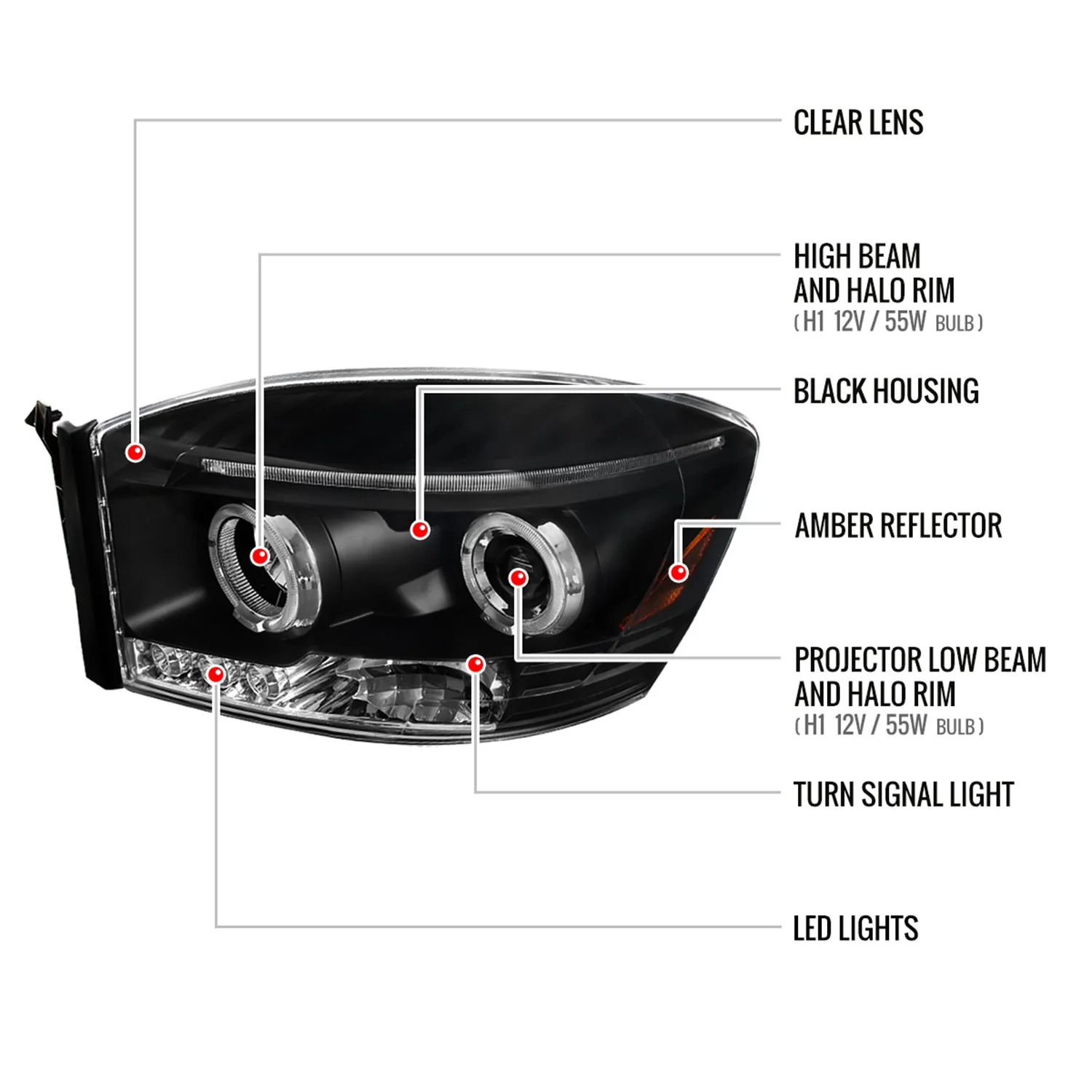 2006-2008 Dodge RAM 1500/ 06-2009 RAM 2500 3500 Dual Halo Headlights Black - Image 8