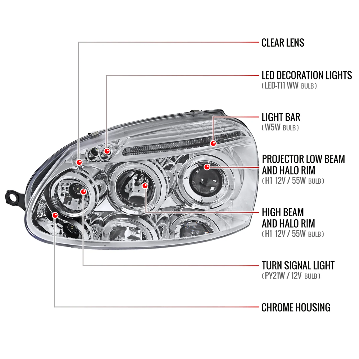 2006-2008 VW Golf Rabbit/ 2006-2010 Jetta Dual Halo Projector Headlights Chrome - Image 8