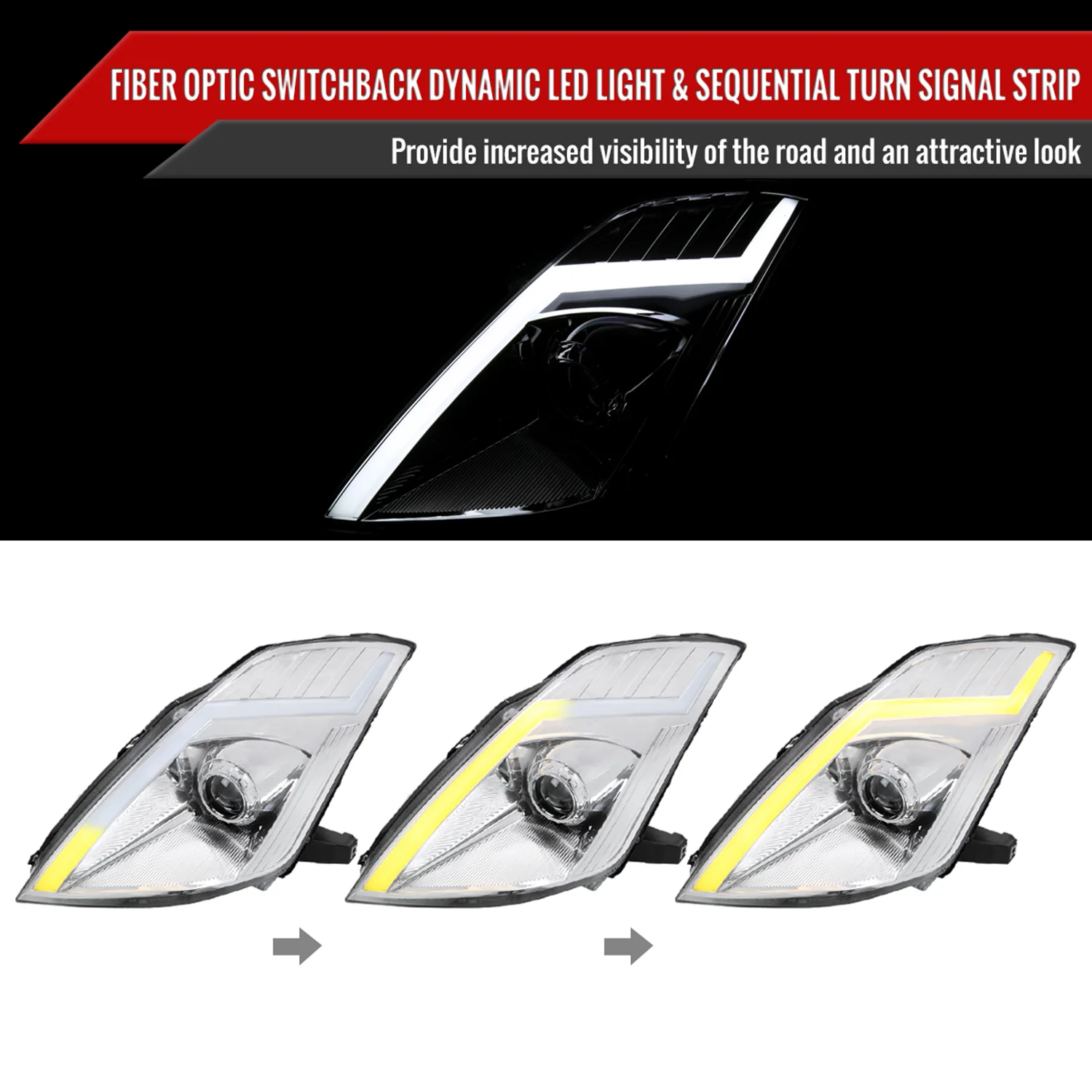 2006-2009 Nissan 350Z Turn Signal Animated LED Bar Projector Headlights Chrome - Image 2