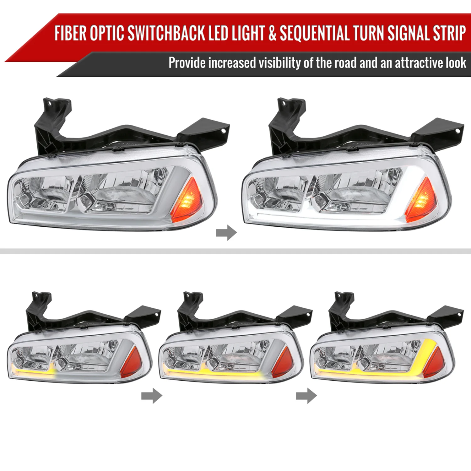 2006-2010 Dodge Charger Sequential LED Bar Factory Headlights Chrome - Image 2