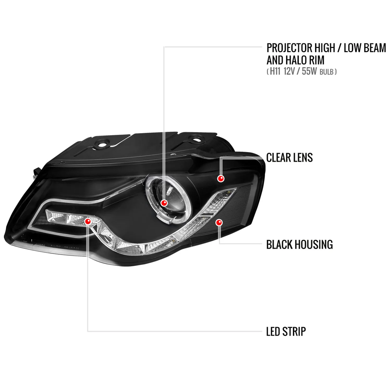 2006-2010 VW Passat Halo Projector Headlights R8 LED Light Strip Matt Black - Image 8